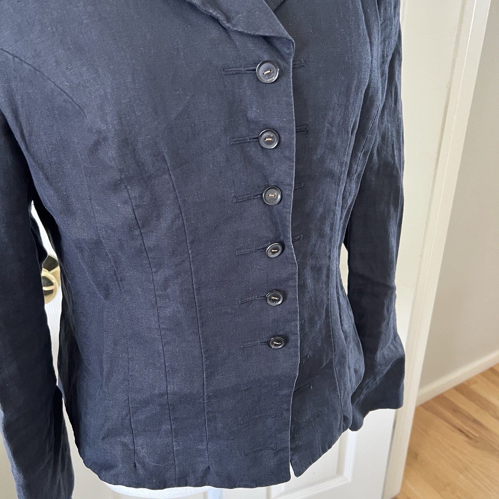 Vintage 90s European Linen Blazer Size 8-10 Fitted Flare Silhouette Navy Blue