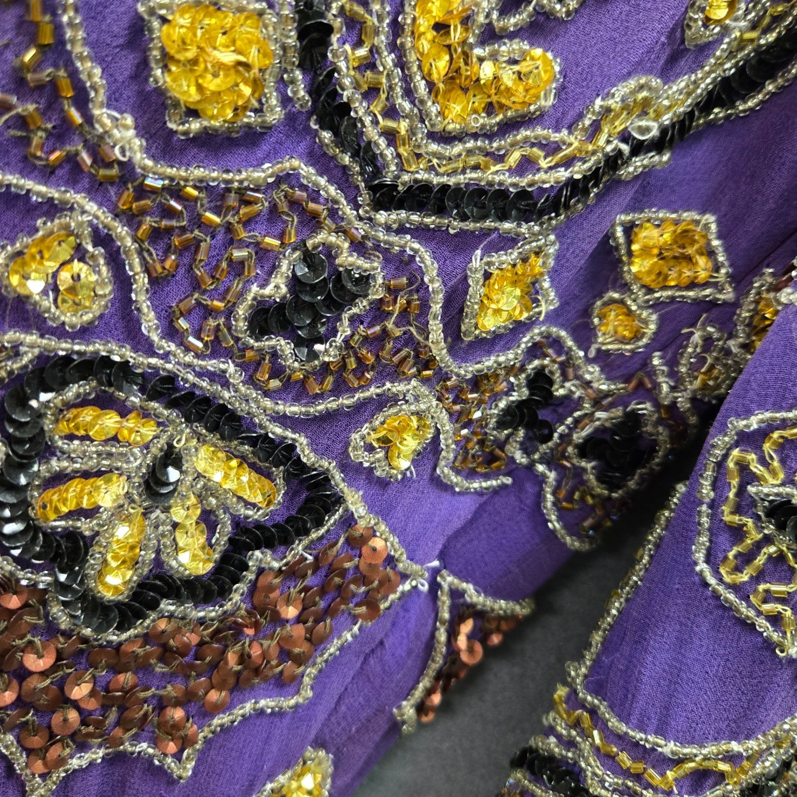 Vintage Beaded Silk Jacket Maximalist XL Purple Sequin Open Festival Art Deco