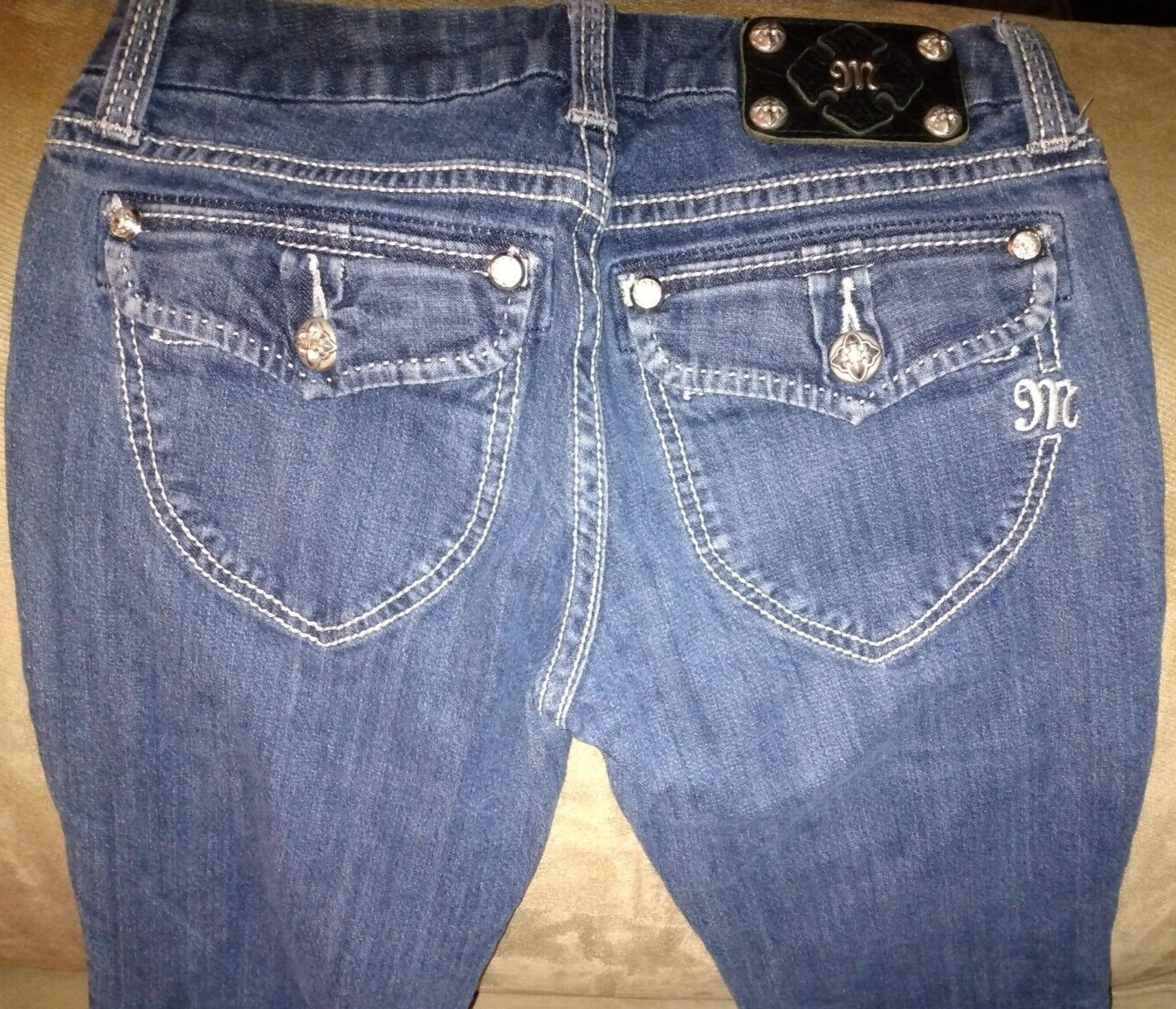 MISS Me 27 STUDDED RHINESTONE DENIM BLUE JEANS BOOT CUT? 29″ W MID RISE jr sz 11