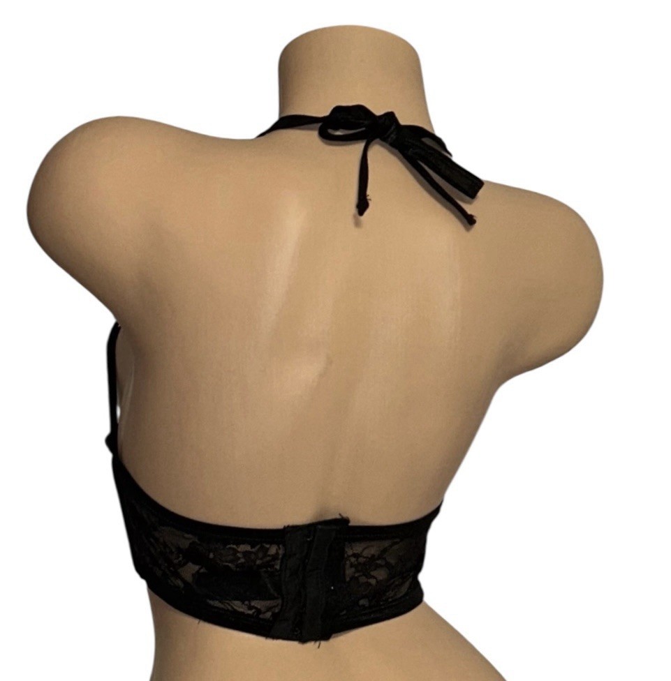 Black Sheer Lace Underwire Boned Tie Around Neck Bra Brassiere Bustier