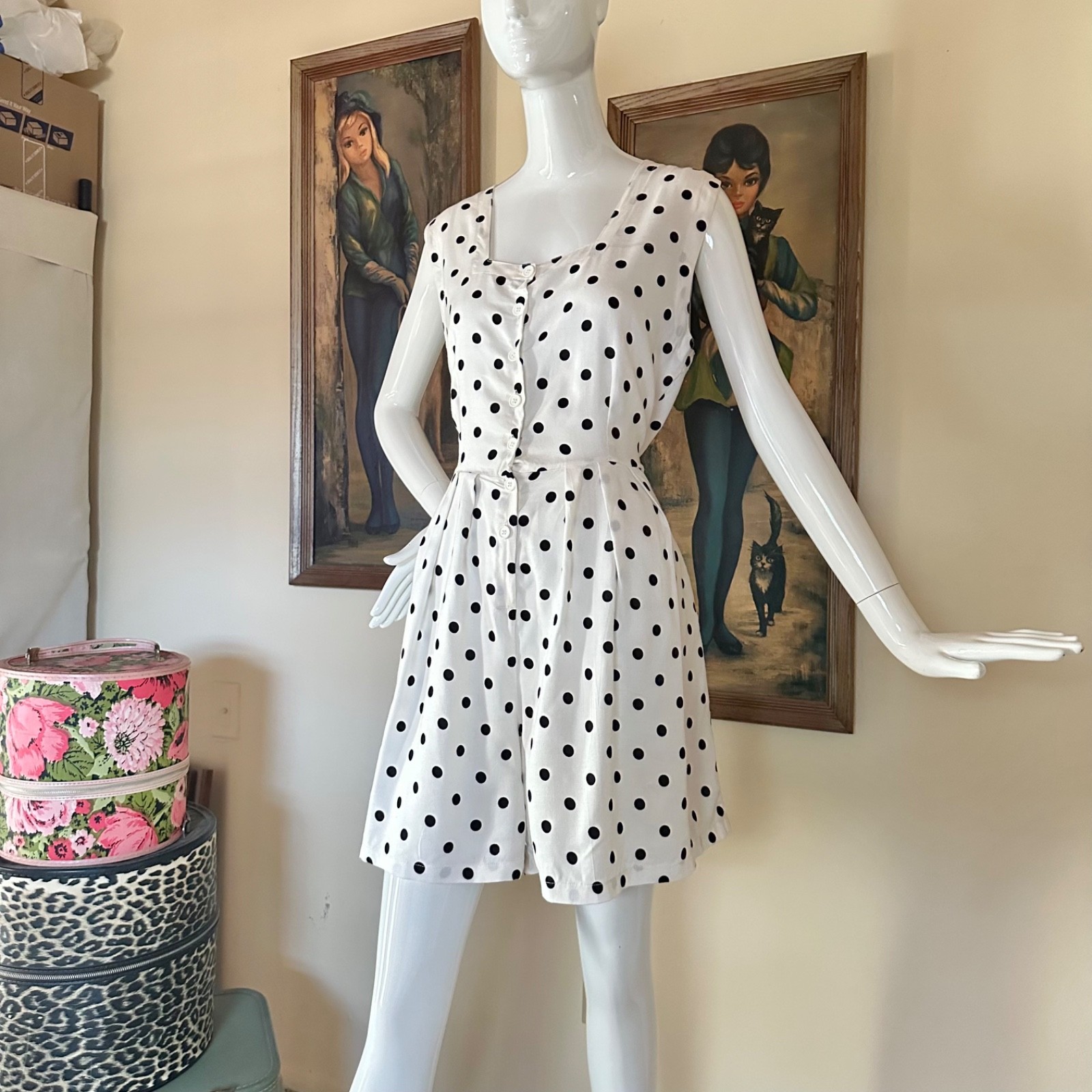 Vintage 1980s B&W Polka-dot Shorts Romper Rockabilly Pin-up Playsuit L Volup