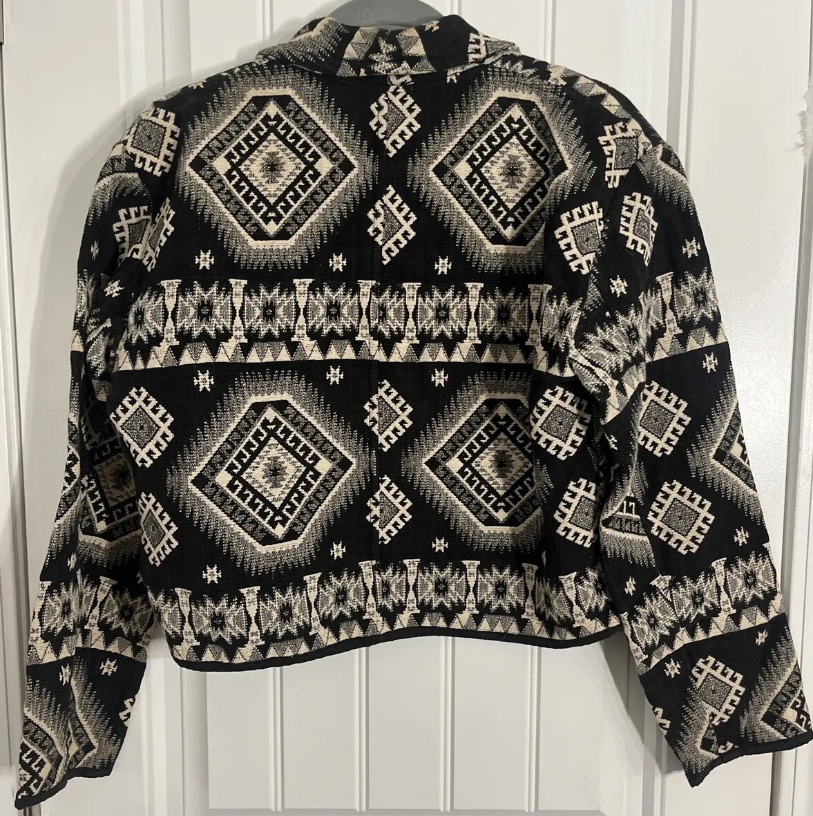Flashback Vtg Aztec Blazer Jacket Western Cropped Cotton Tapestry M black ivory