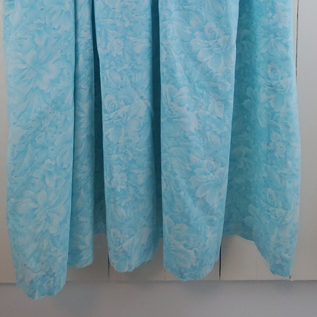 Vintage Floral Midi Skirt Turquoise Blue White Elastic Waist Pockets Boho