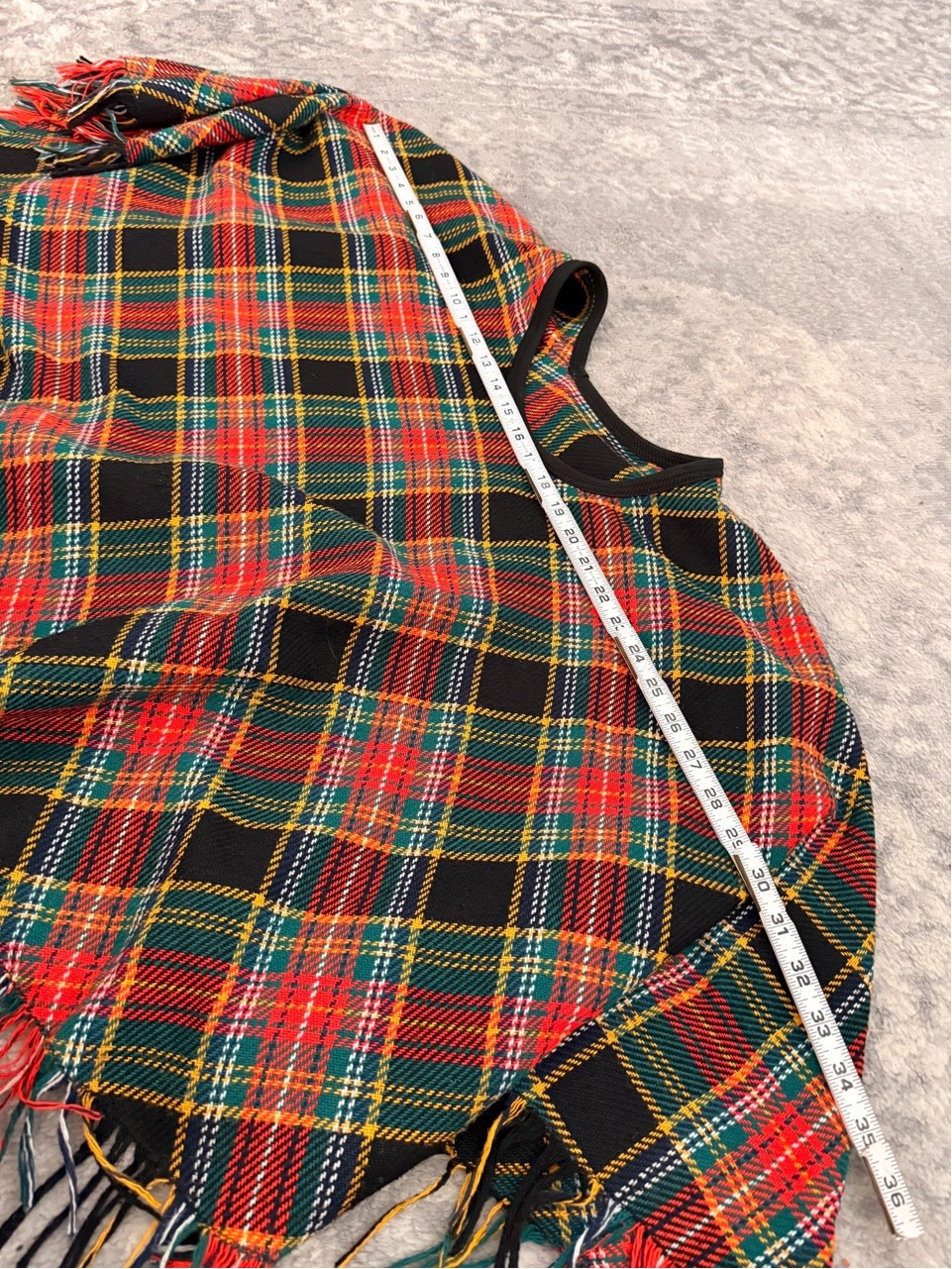 Vintage 1960s/70s Tartan Cape Poncho O/S Red Black Green Plaid Fringe