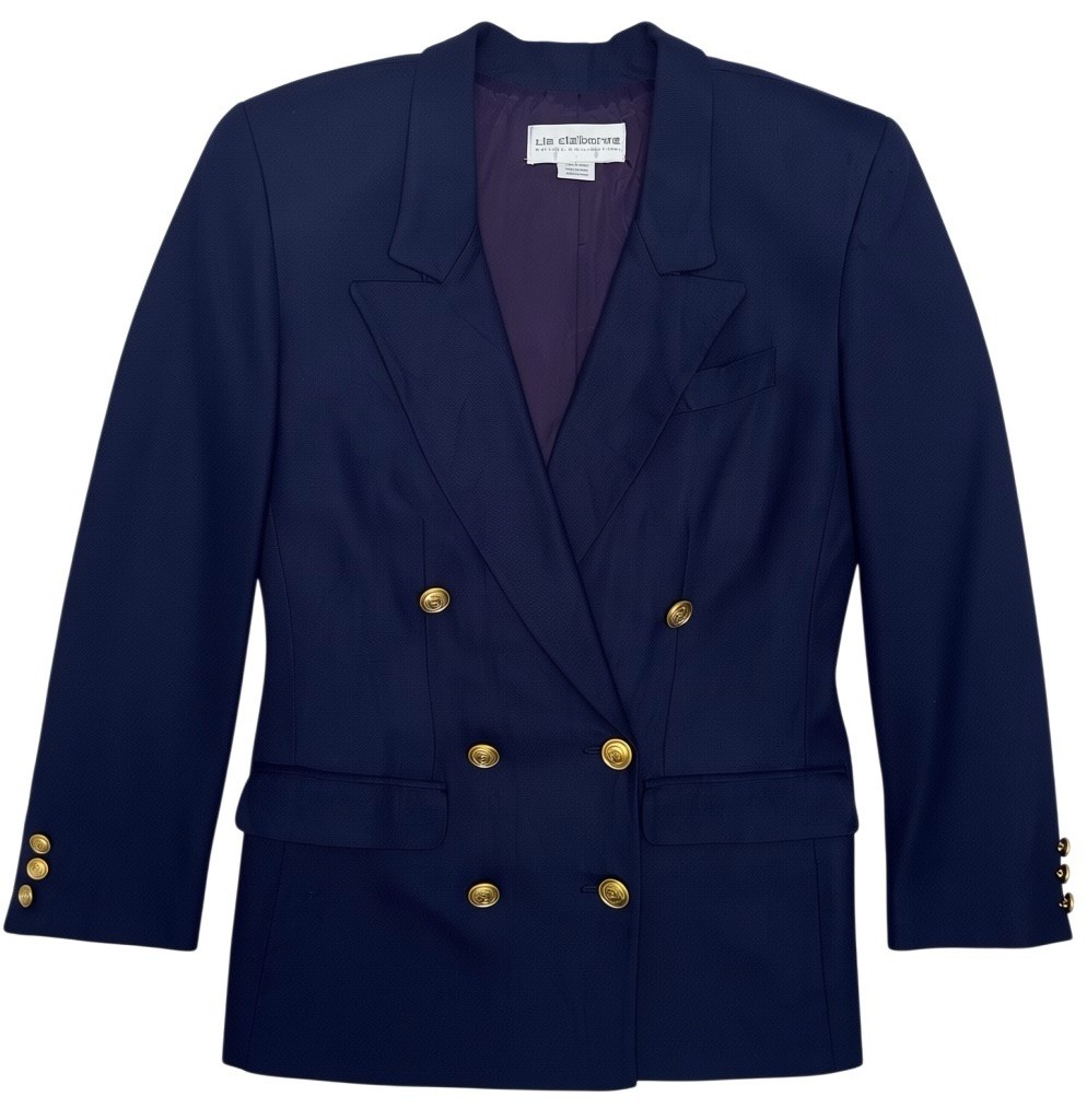 VTG Liz Claiborne Women Size 12P Double Breasted Gold Button Rayon Blazer Navy