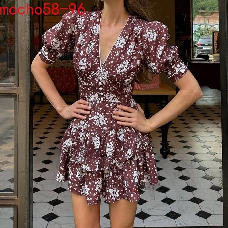 Summer Style Printing V-neck Floral Dress Short Sleeves High Waist Floral Dress