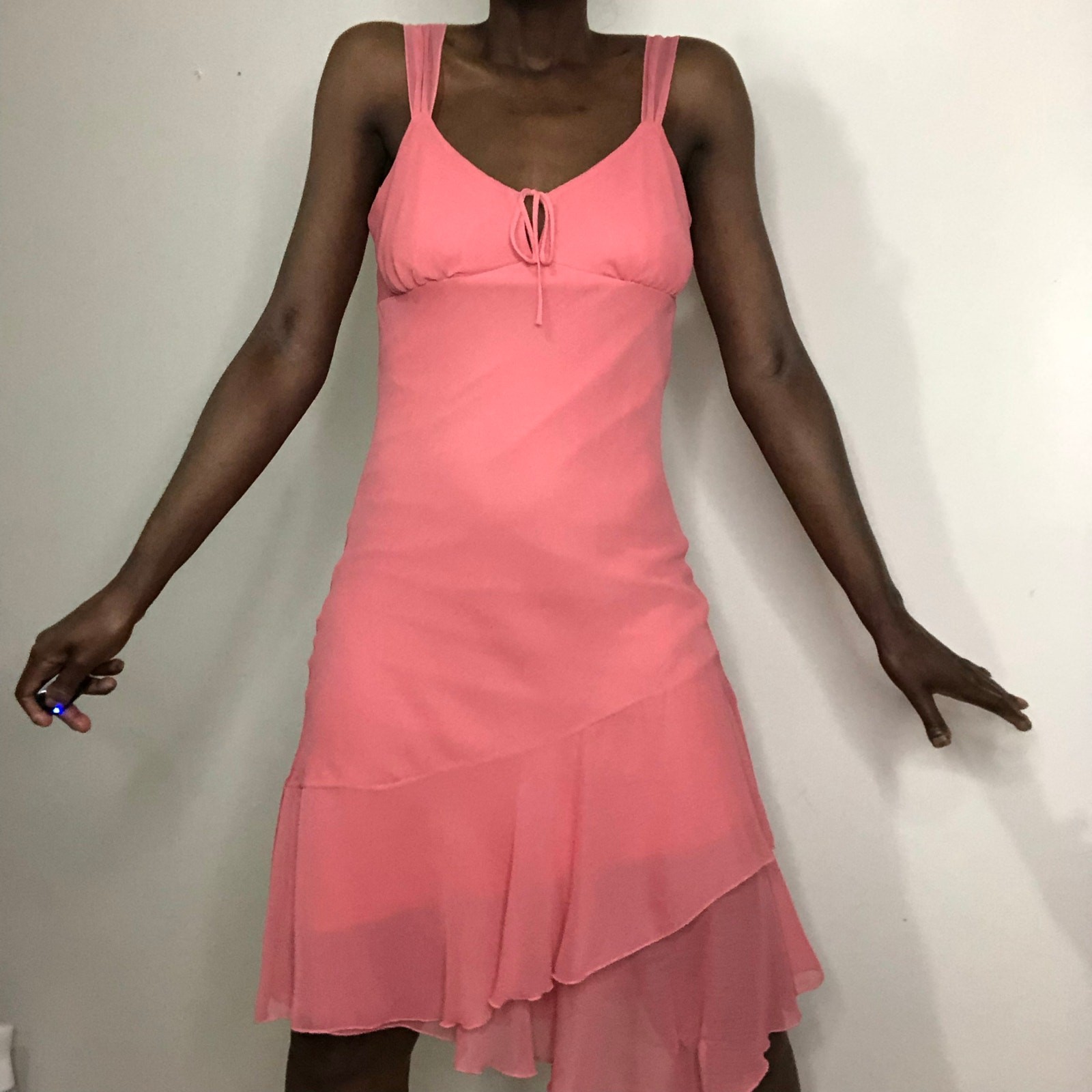 VTG 90s Y2K Pink Chiffon Coquette Fairy Milkmaid Asymmetric Dress Size Large