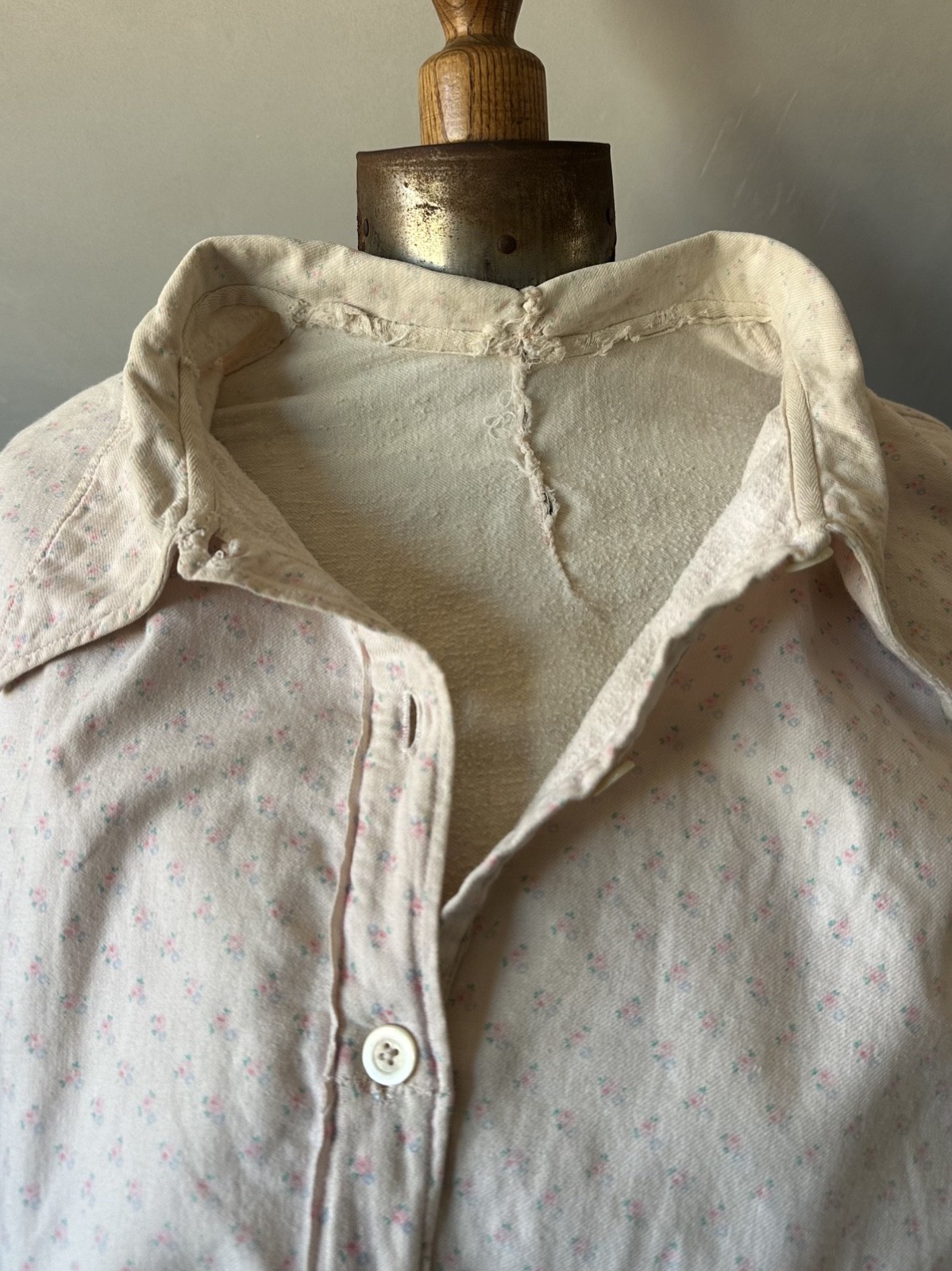 1920s 30s French Pink Flannel Dress Floral Pullover Nightgown Fade Repairs Worn