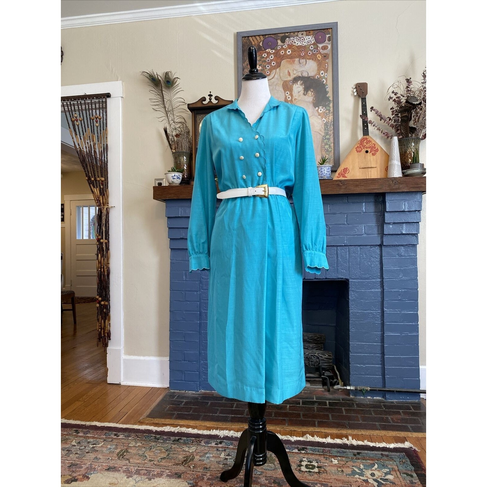 Vintage Schrader Sport Turquoise New York Belted Shirt Dress Size 8 S/M 80s