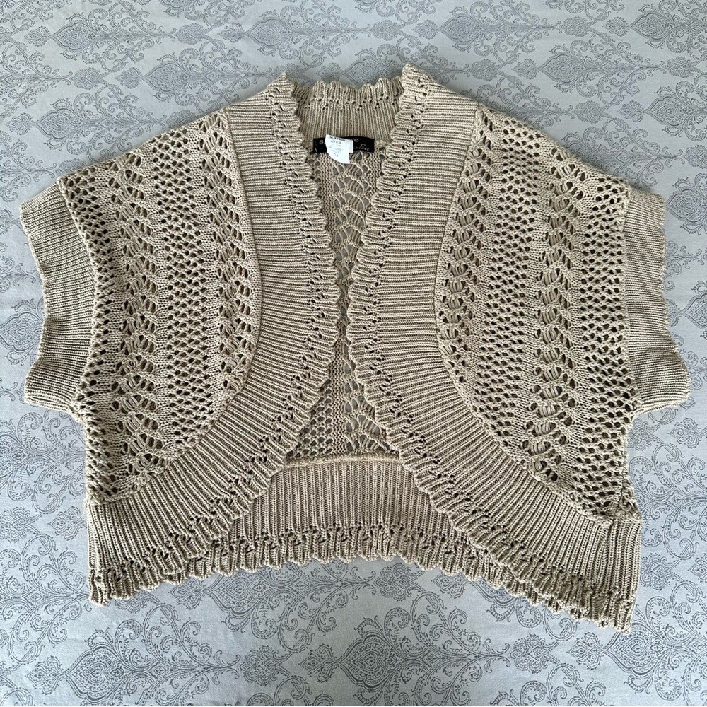 Vintage Robbie Bee Crochet Bolero Cardigan Sweater Cream Short Sleeve Sz 12