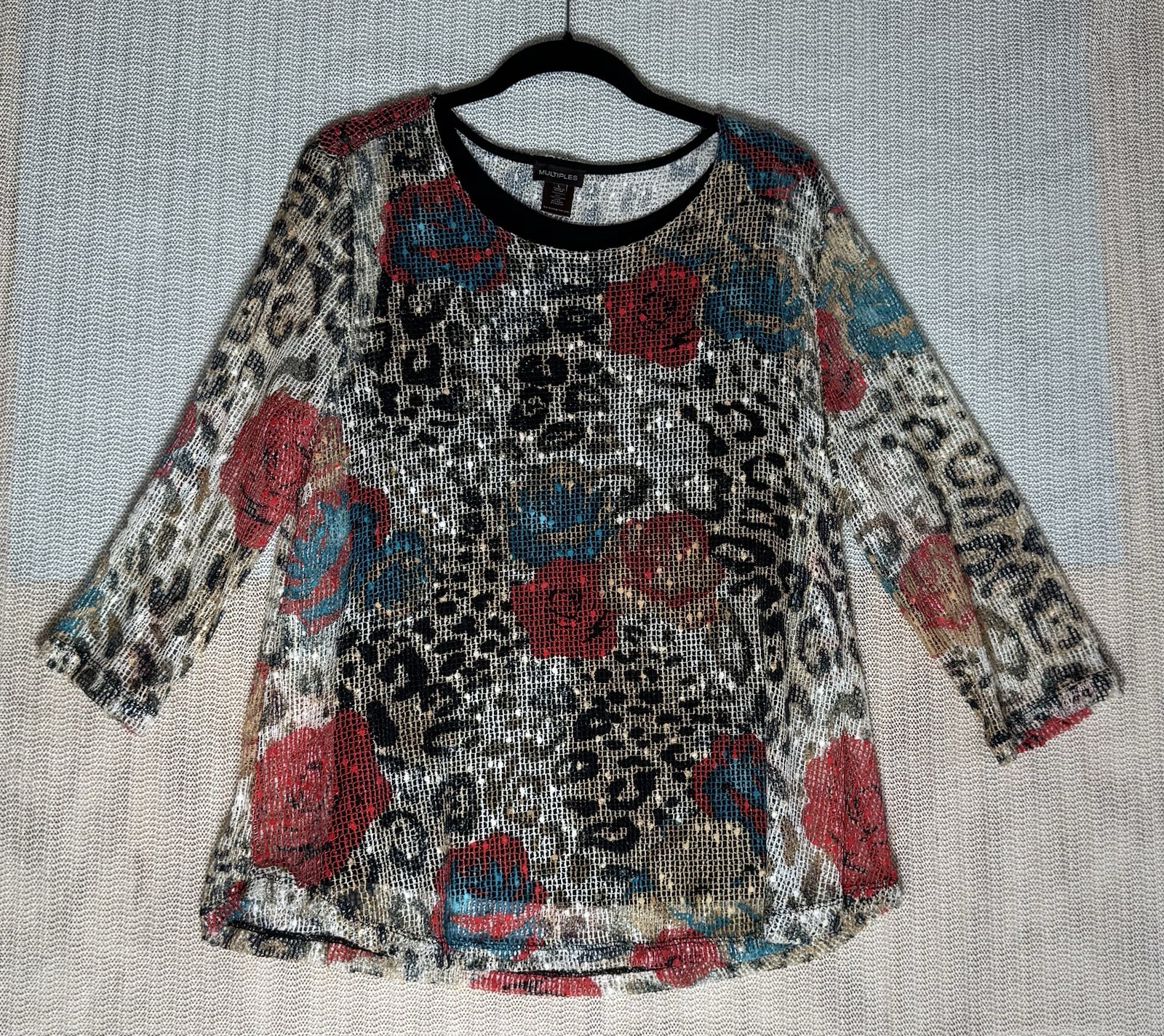Multiples Women’s Mesh Sequin Blouse Leopard Floral Animal Print Top 3/4 Sleeve