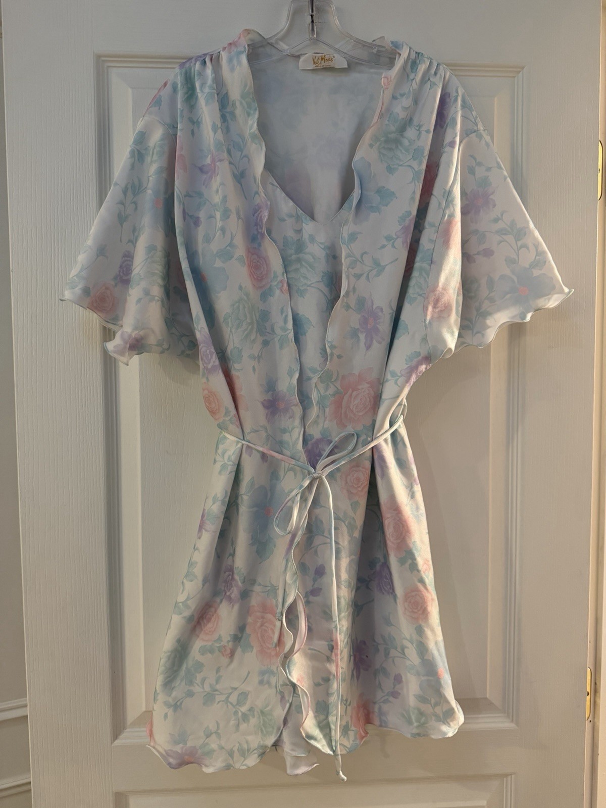 Vintage Val Mode Floral Satin Peignoir Robe & Nightgown Set USA Sz Small S