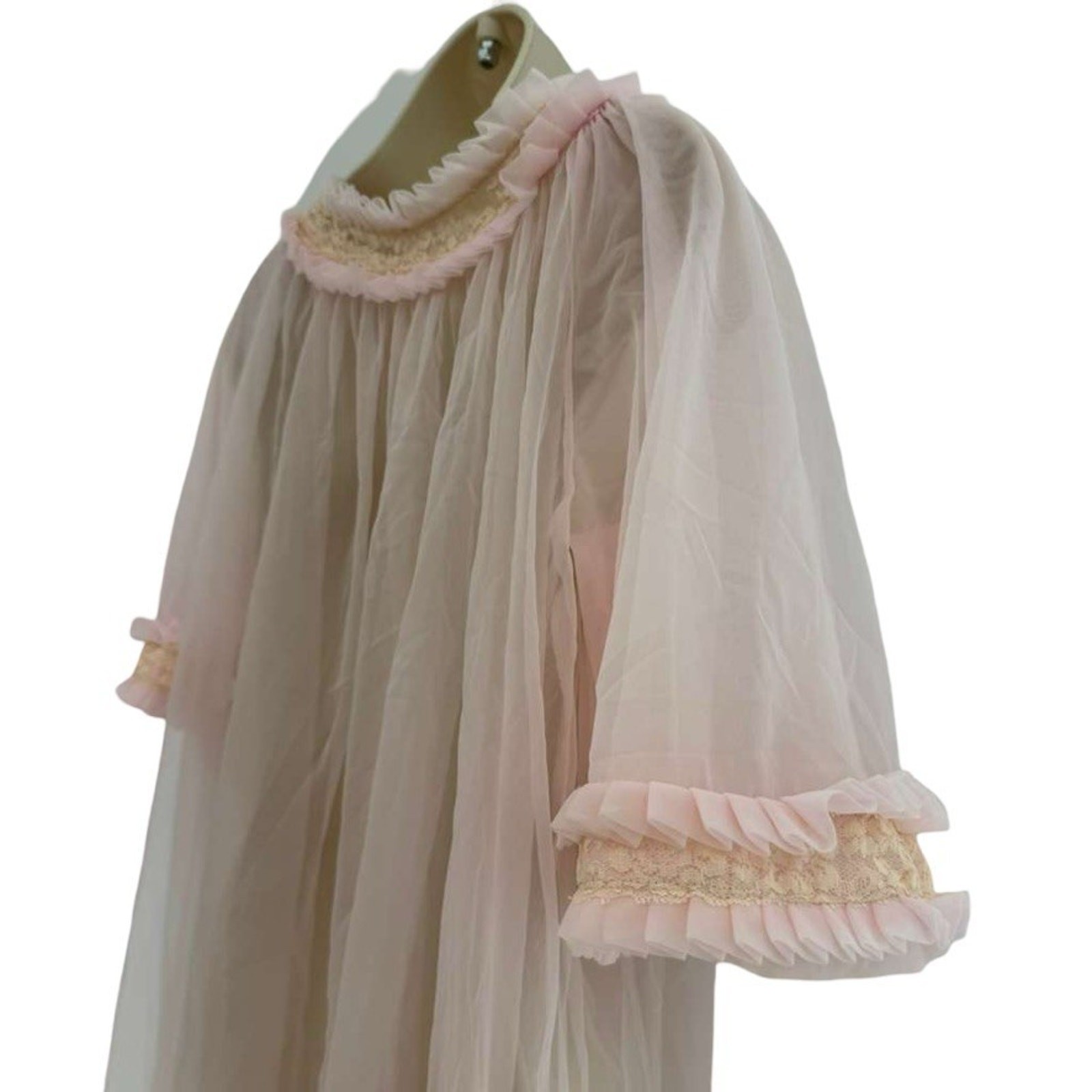 Vintage Unbranded Sheer Pink Lingerie Pleated Ruffle 60s Robe Long Length sz L