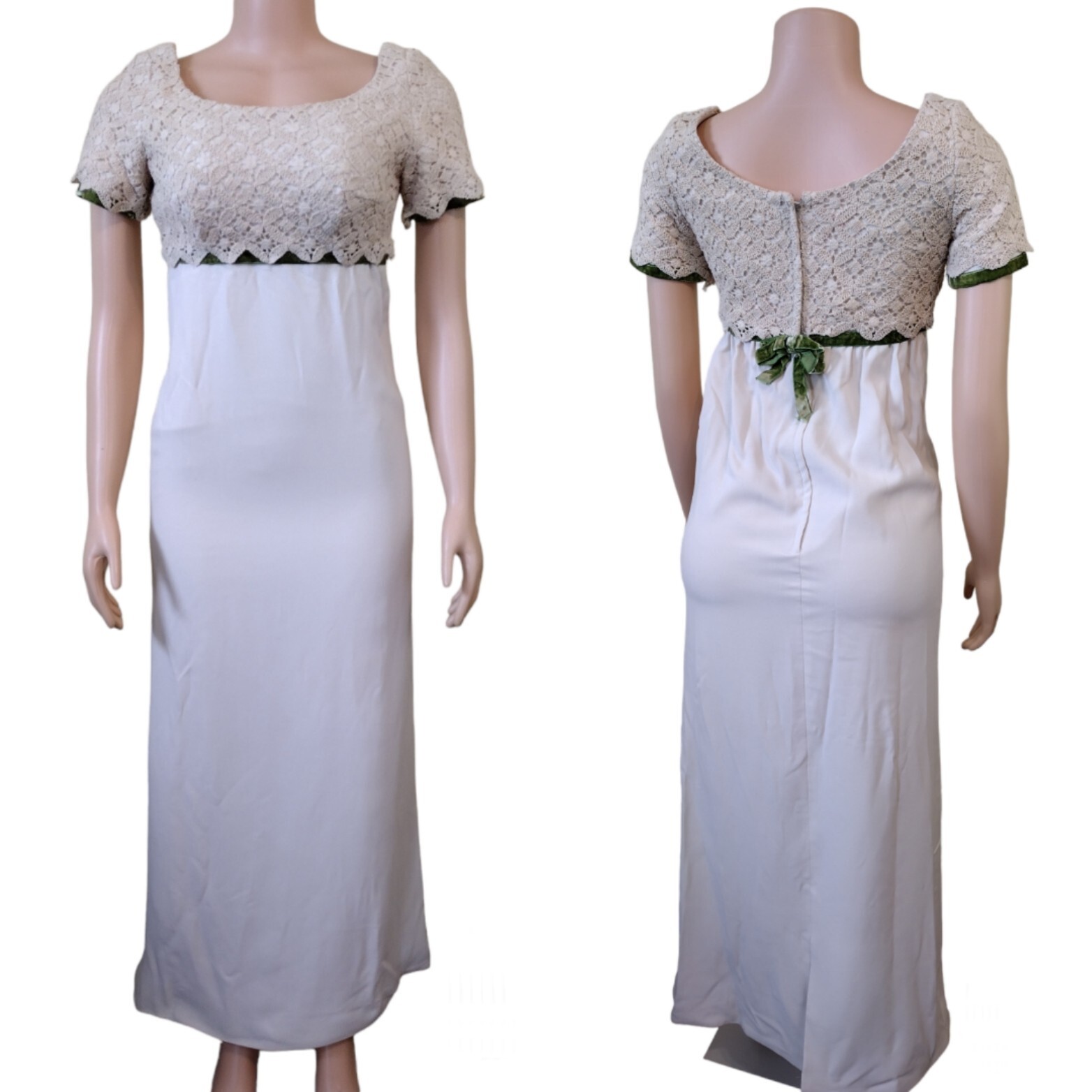 Vintage 1960’s Ivory Boho Maxi Dress With Crochet Bodice Green Velvet 27 Waist