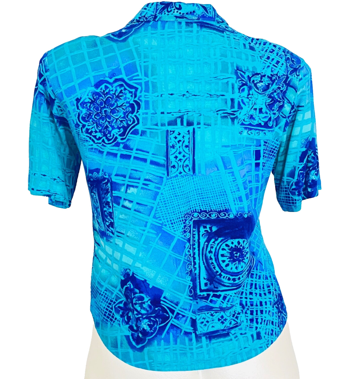 Vintage 1980s blue rayon blouse, L XL turquoise teal short sleeve collar 1990s