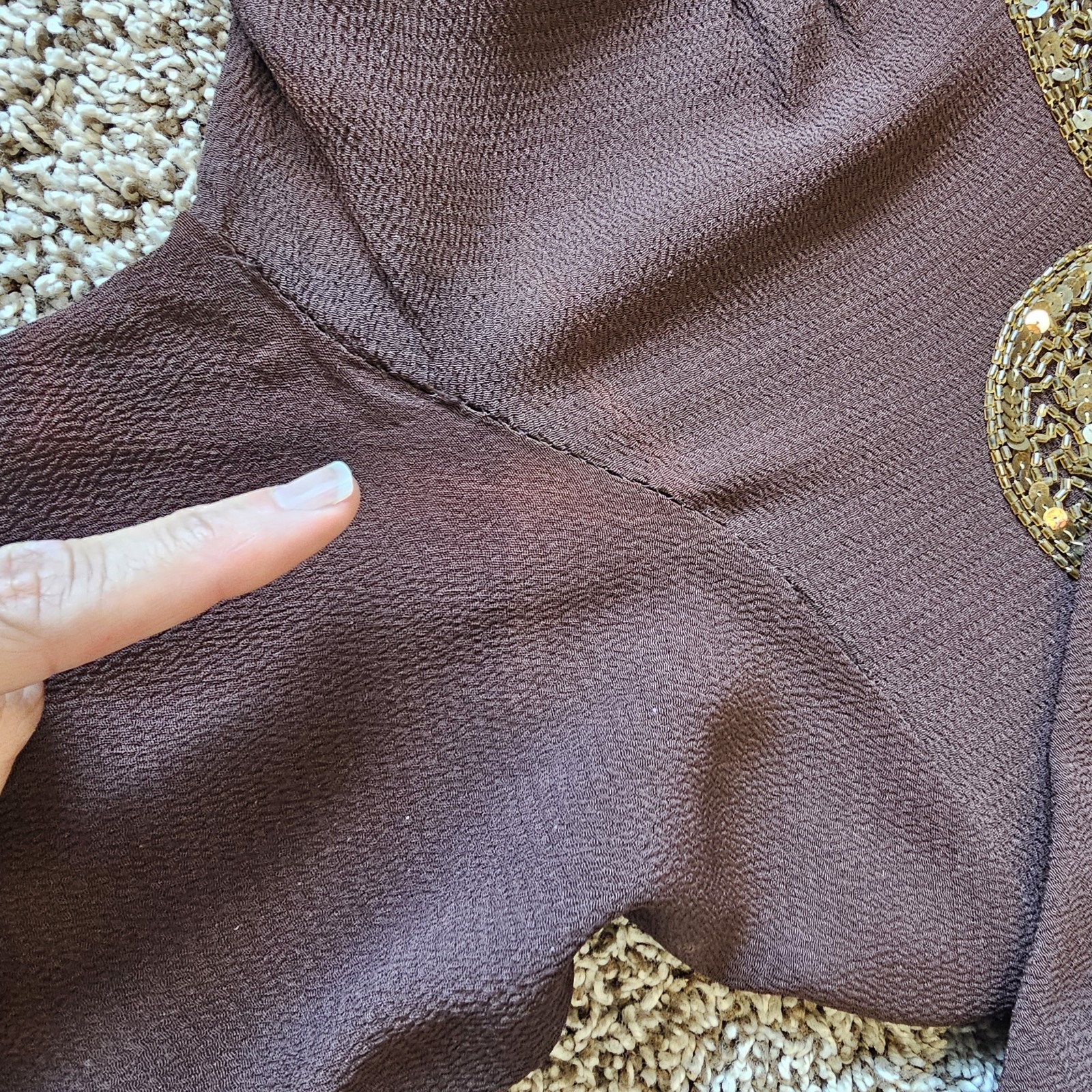1930s Vintage Blue Eagle Brown Rayon Crepe Peplum Gold Beaded Dress Belt Set #90