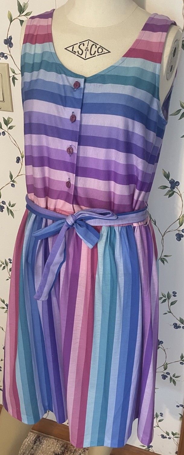 Lady Page Susan Page Vintage Dress Size 12 Striped Pastel Midi 80s Sun Sundress