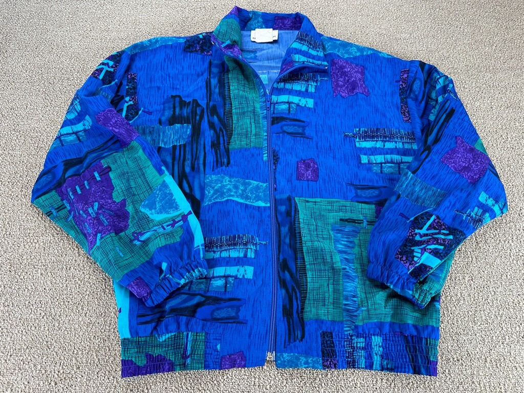 Erin London Windbreaker Jacket Womens Petite Blue Geometric Cute VTG