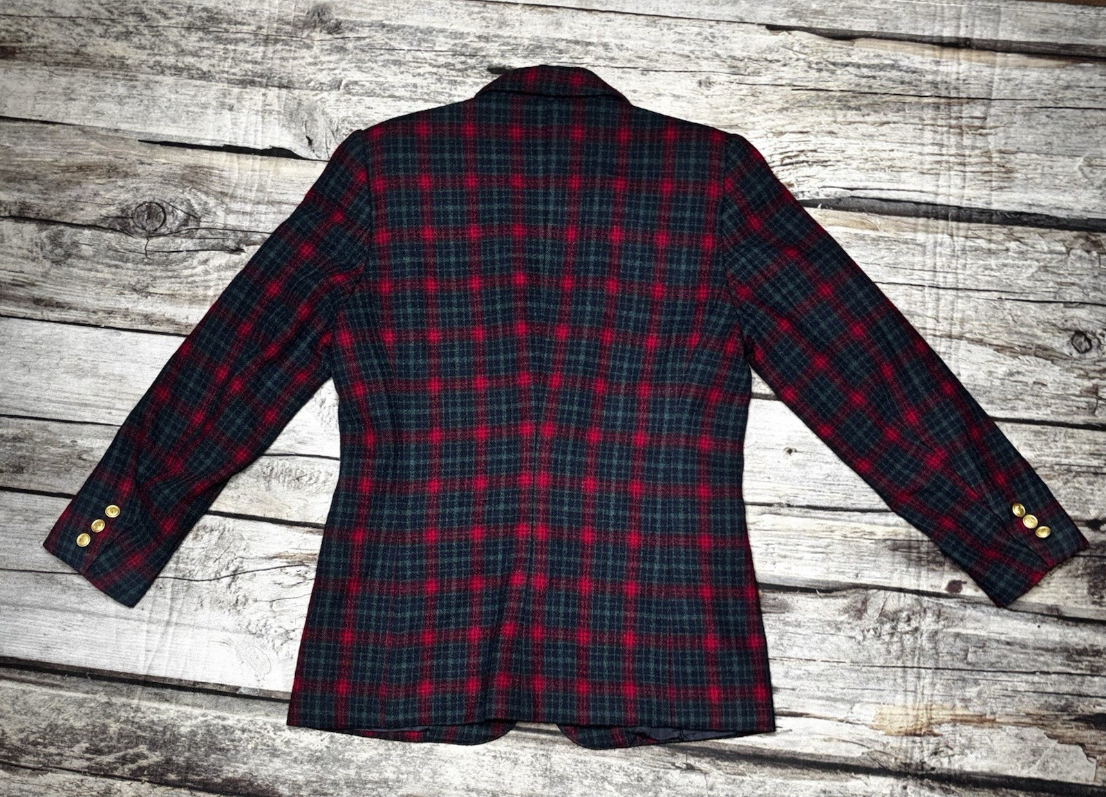VTG Leslie Fay Wool Blend Plaid Blazer Jacket 6 Petite Red Green Crest Button