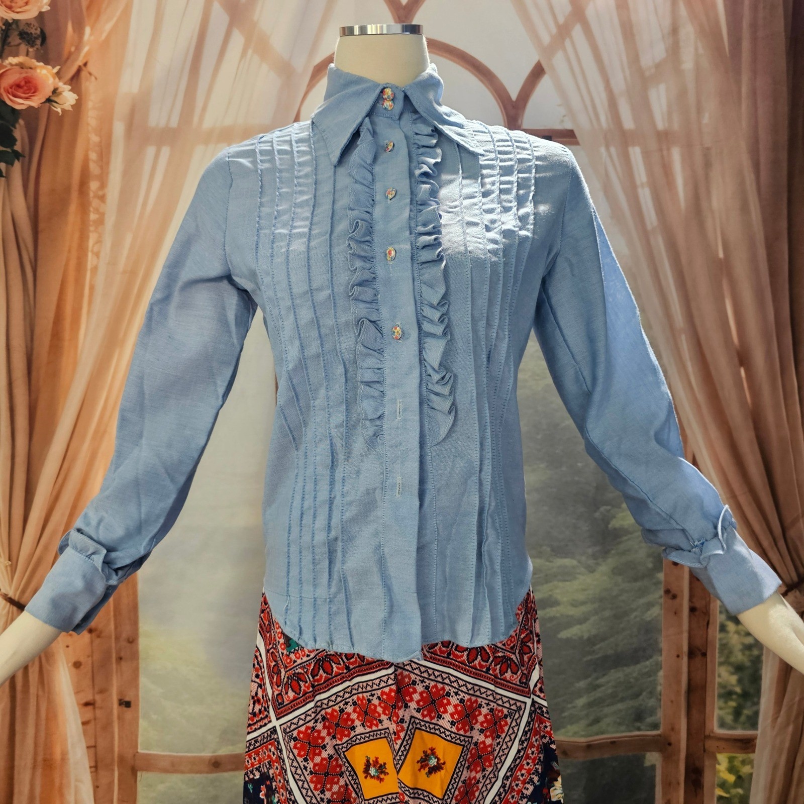 Vintage 1970s Light Blue Ruffled Tuxedo Blouse Pintuck Top Pointed Collar