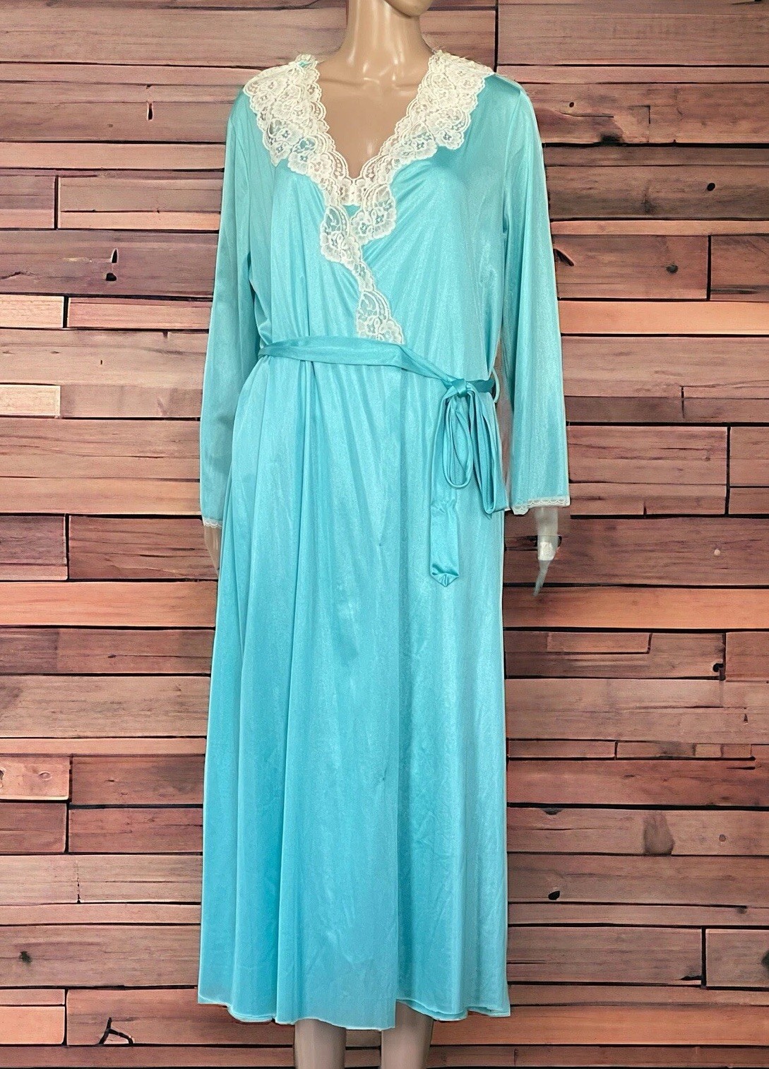 VTG VANITY FAIR Peignoir Set Lingerie Lace Robe Nightgown Turquoise Blue Medium