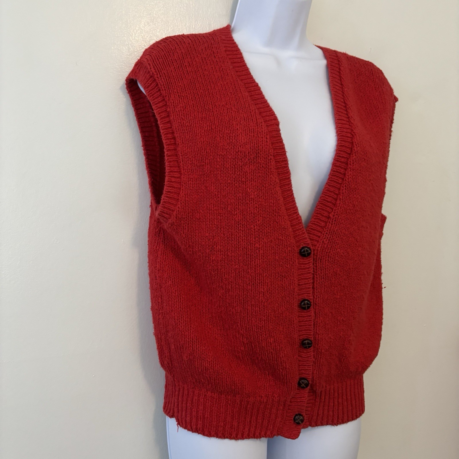 Vintage Villager Red Vest Medium Cardigan USA 80s Y2K Wood Buttons