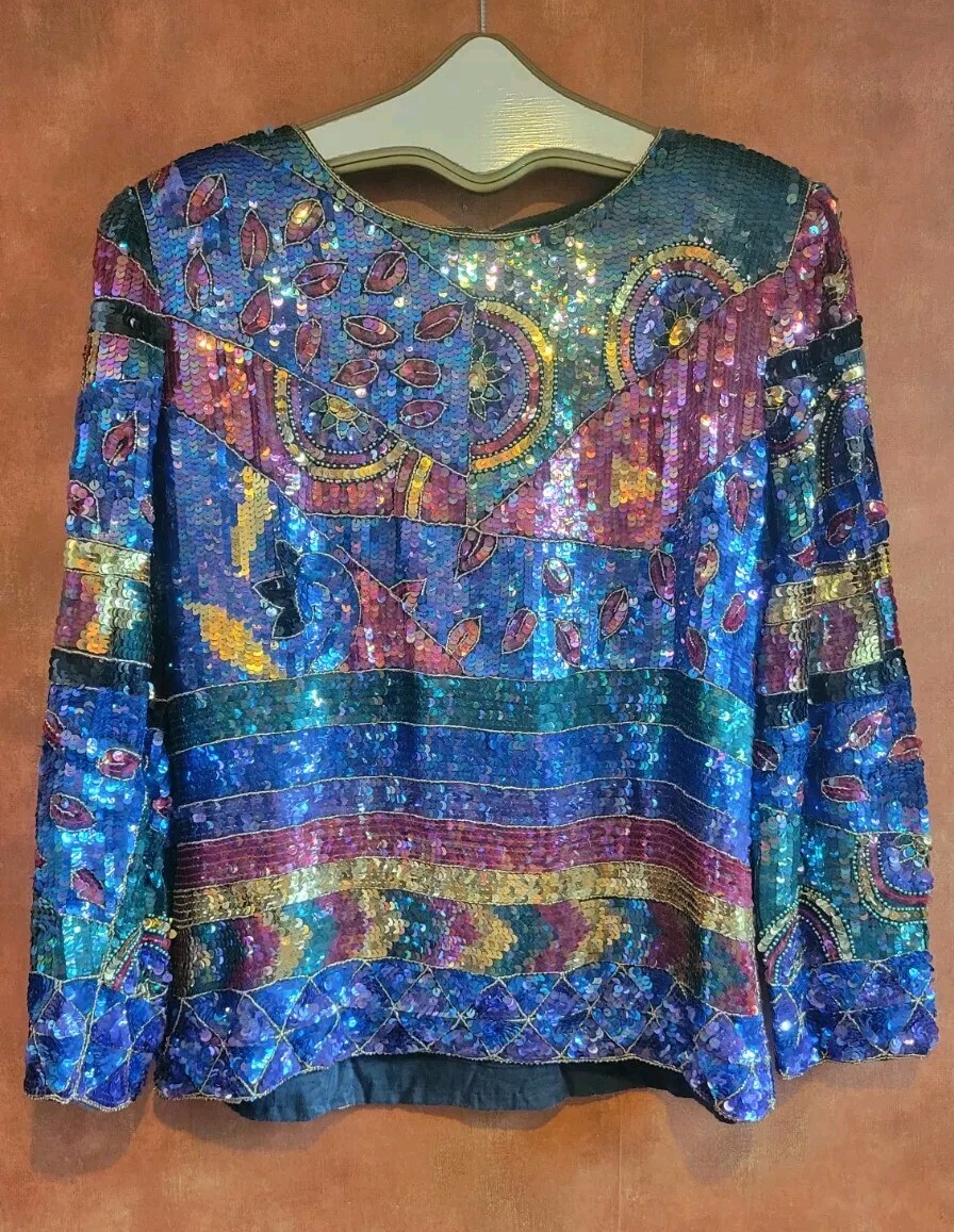 Vintage Jean Joseph Le Bon Stunning Glamorous Multicolor Shirt Sequin Tunic M