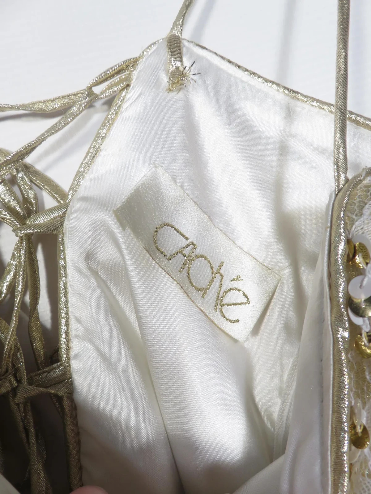 Vintage White And Gold Sequin Cache Lace Up Back Spaghetti Strap Dress Size S