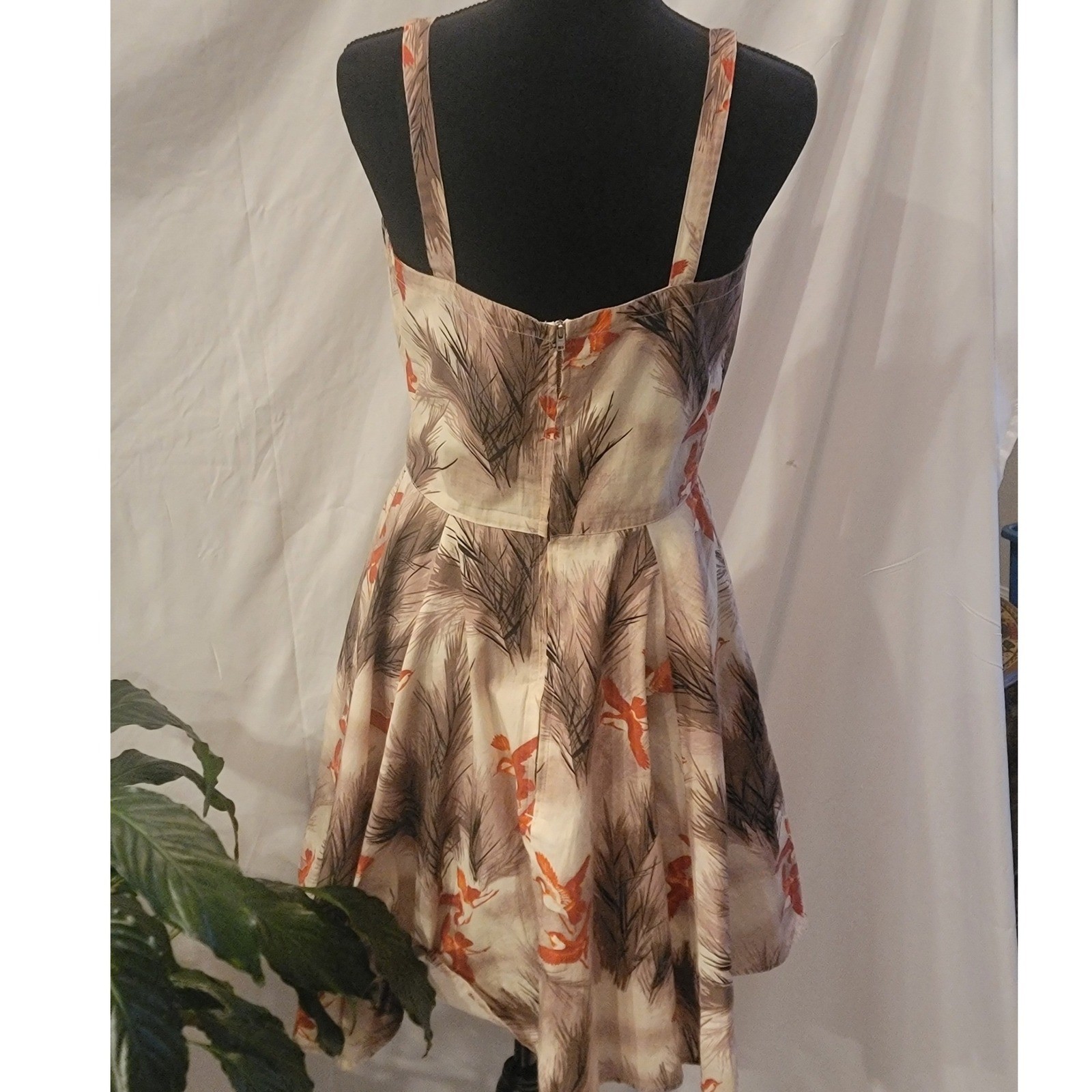 Bernie Dexter Bird Pine Print Cotton Fit Flare Dress Cream Orange Rockabilly M