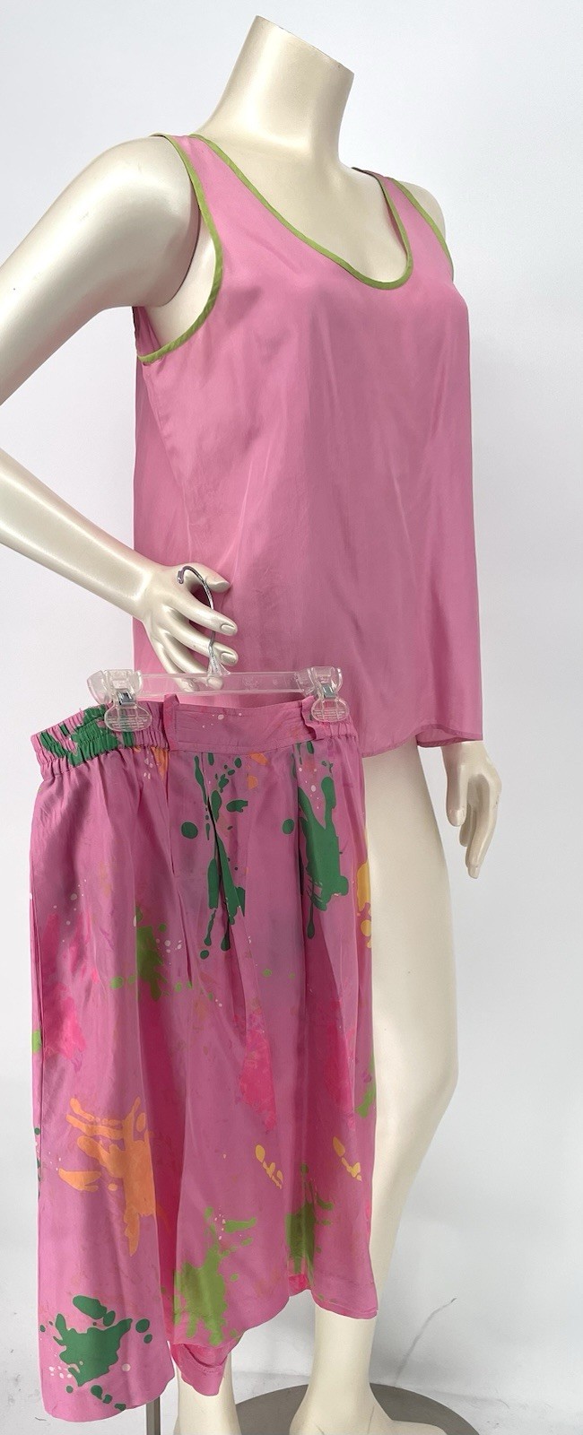VTG 1980s 1990s High Waist Baggy Bermuda Paint Splatter Silk Short Tank Top Set