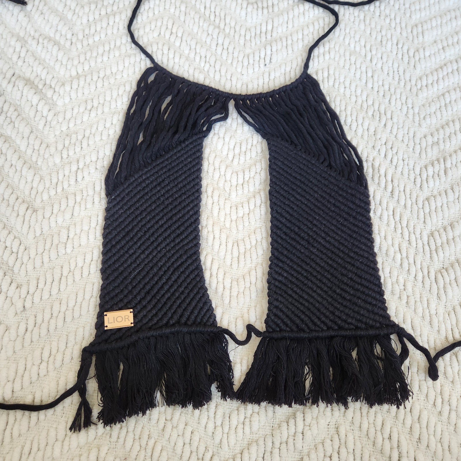Lior Black Macramé Halter Top Sz S/M Fringe Hem Boho Festival Concert Shirt