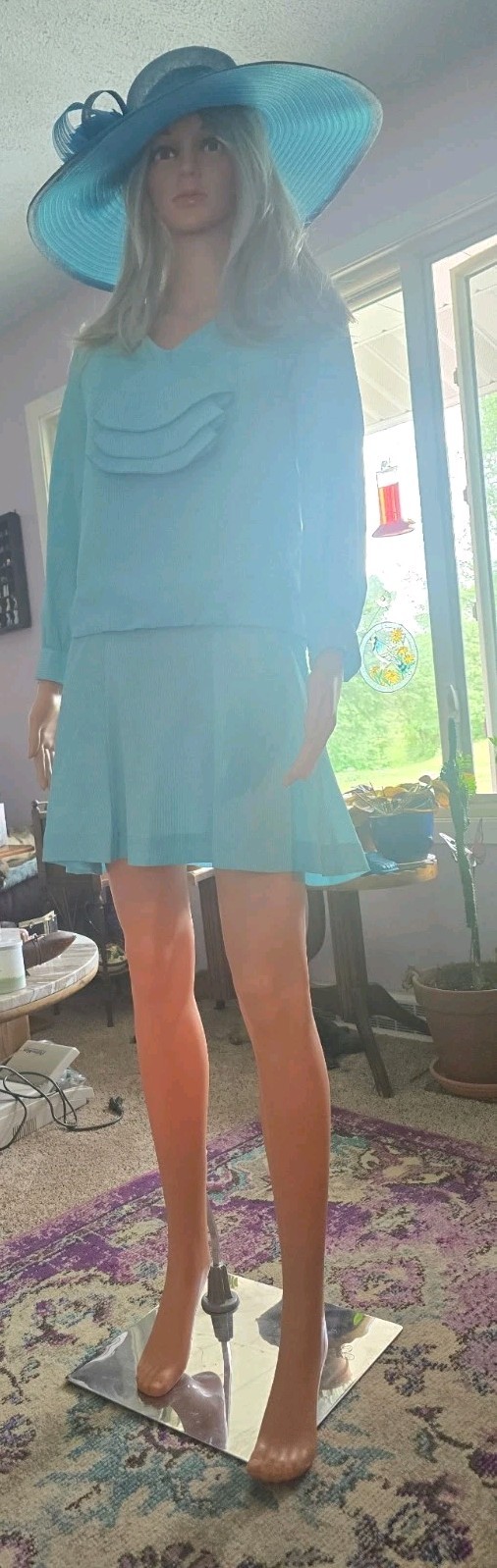 VTG 70s 80s Aqua Blue Long Sleeve Dress Set Size 9 Ruffle Flared Skirt Tiered