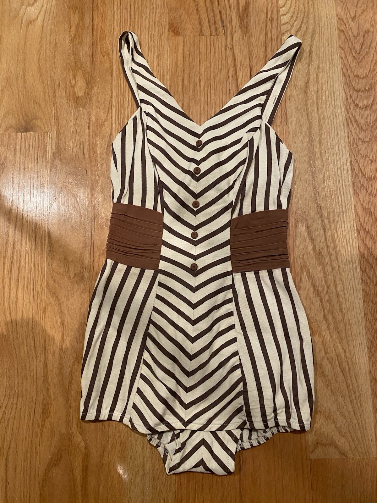 Vintage Rose Marie Reid Pinstripe Pinup Bathing Suit Brown And Cream Small