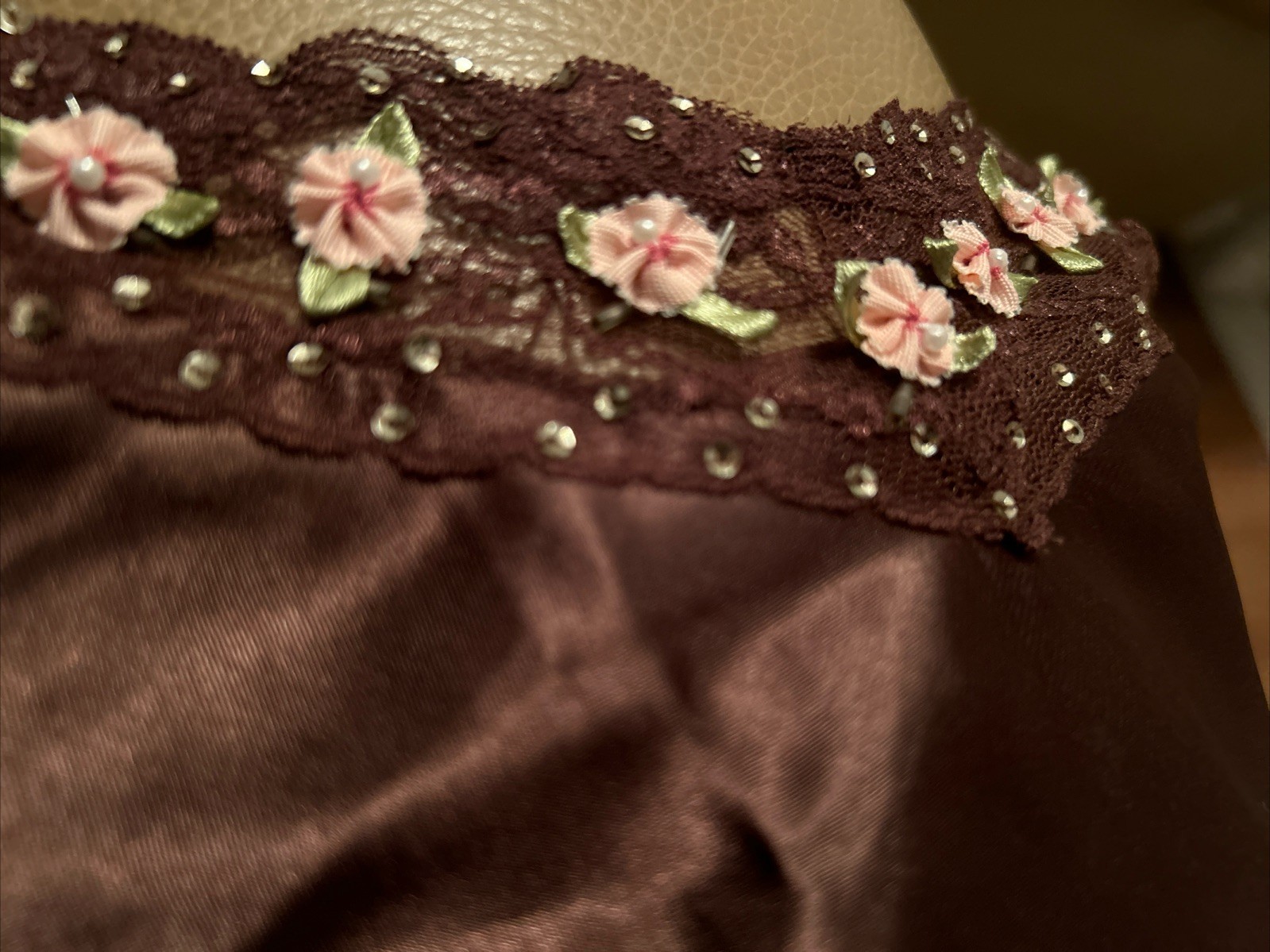 Vintage Y2K Deadstock One Step Up Satin Camisole Cami Top NWT Brown Rose Lace S