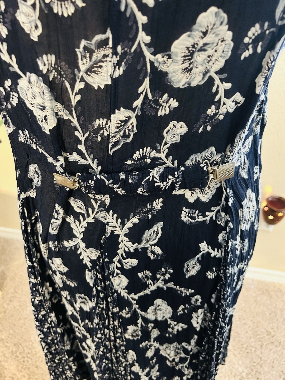 Starina Vintage Floral Dress Navy White Floral Godets Cottagecore Size Medium