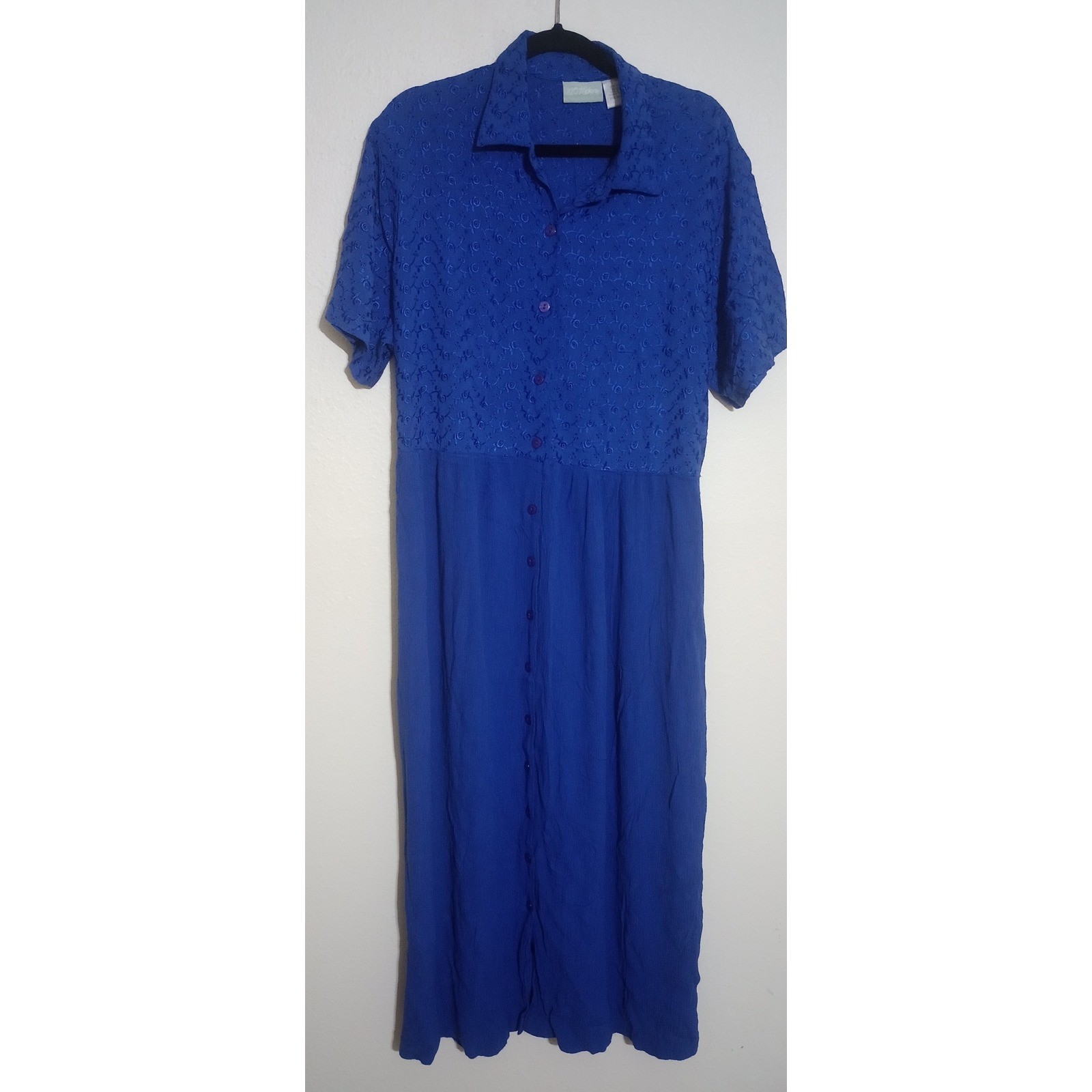 Vintage 220 Hickory Blue Embroidered Button Front Maxi Dress XL Cottagecore