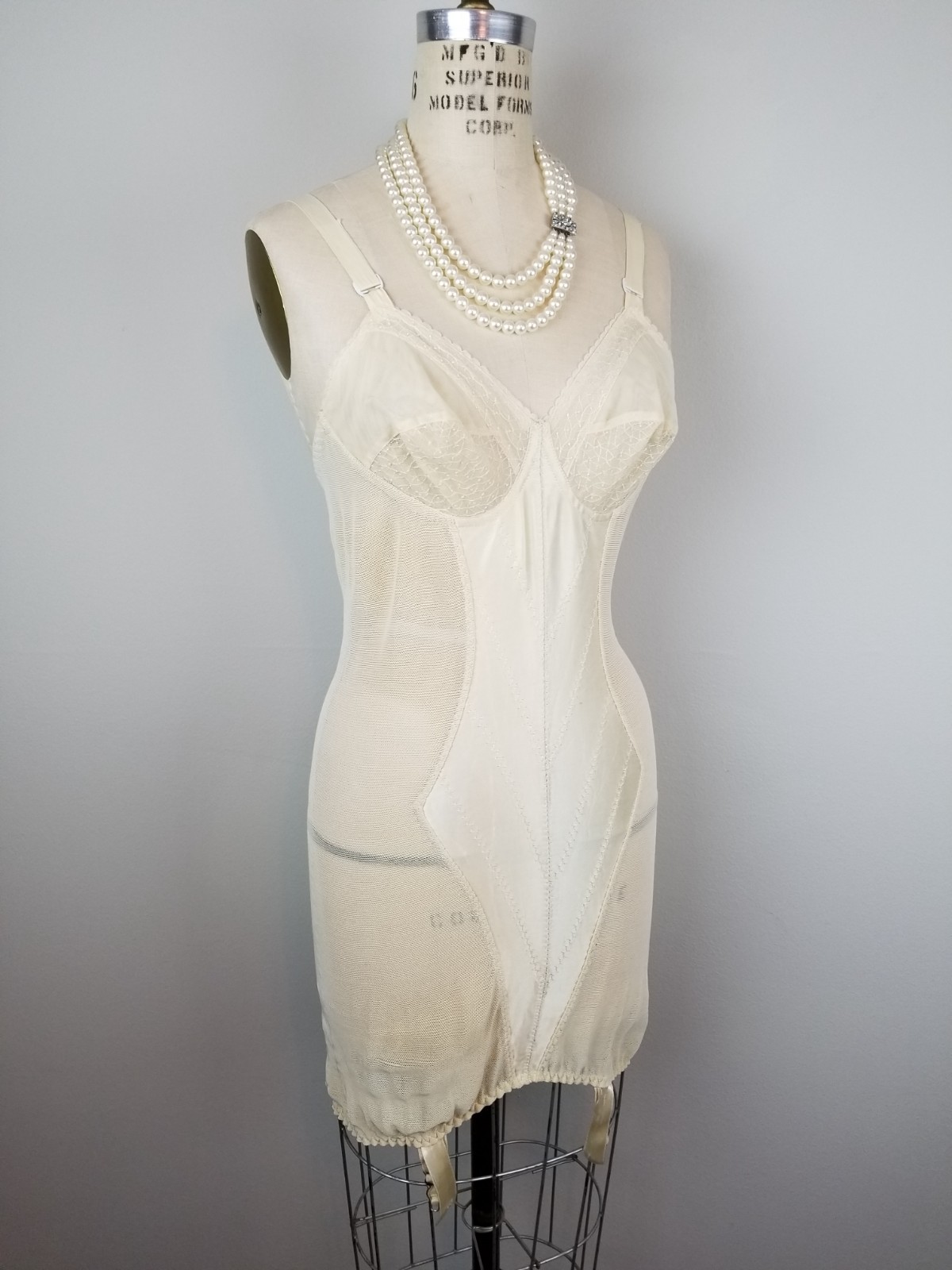 Vintage 1950 Corselette Shapewear Slip Garter Pin Up Ivory Lace & Mesh Size 34B
