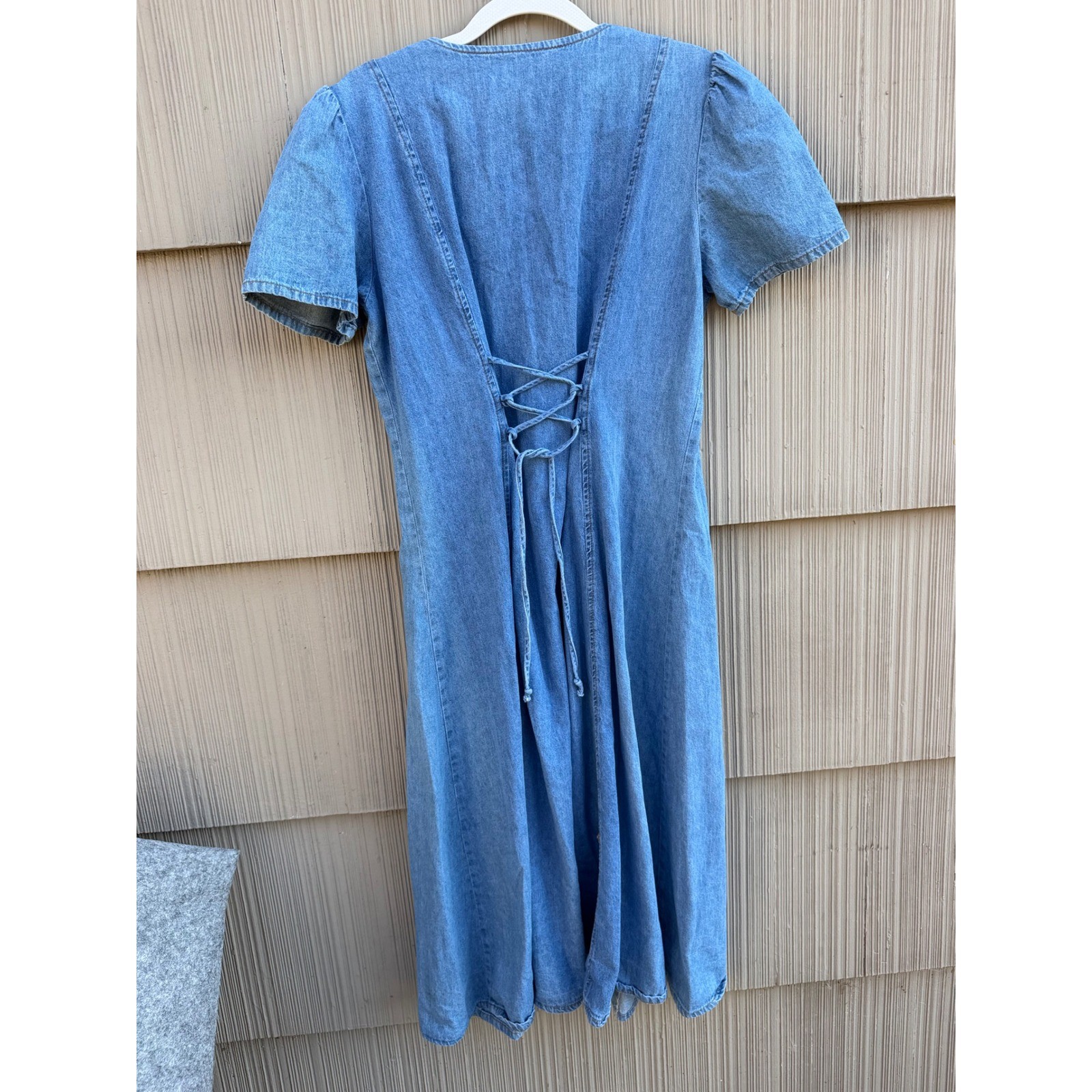 Vintage 90s Denim Button Down Midi Dress Size 10P Lace Up Back Short Puff Sleeve