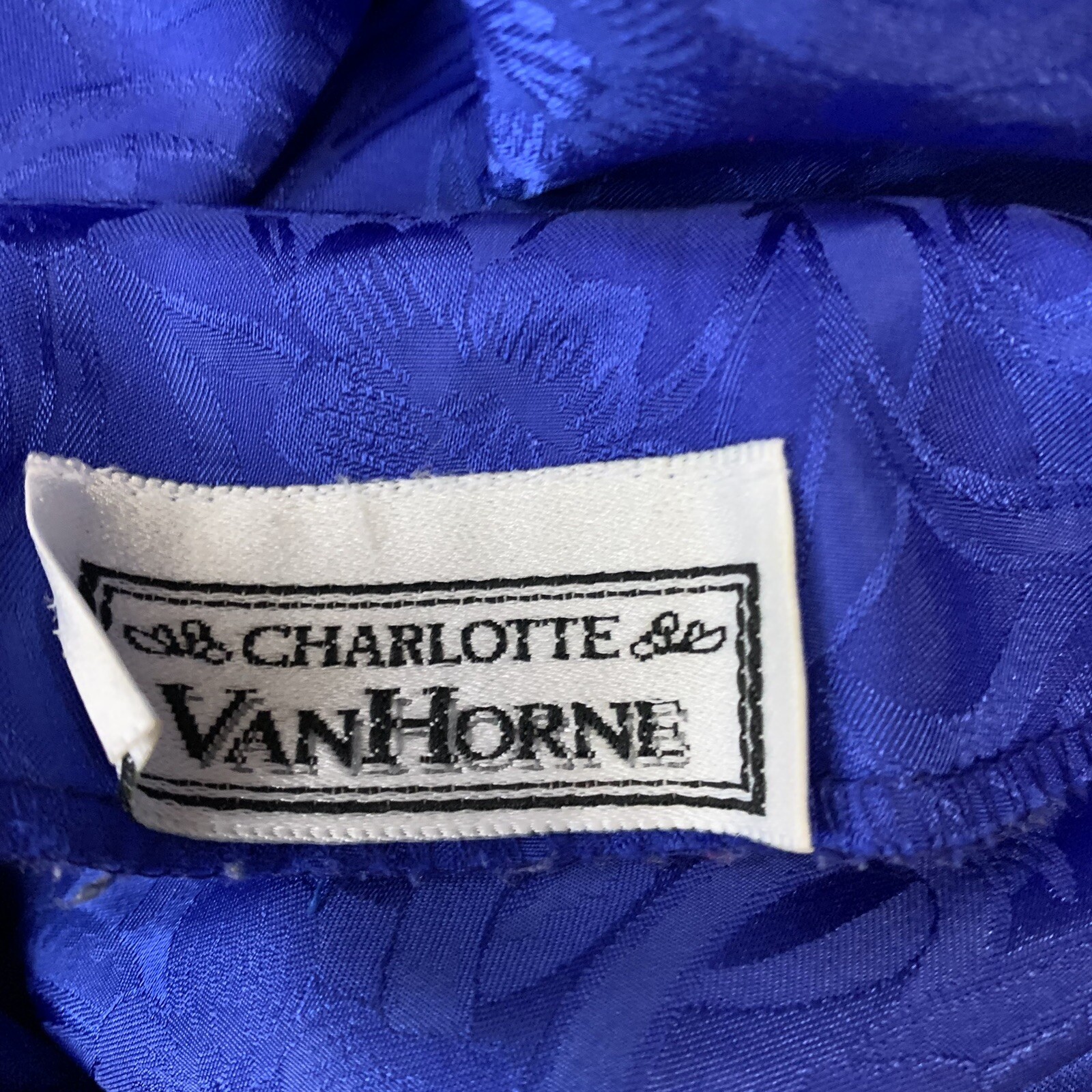 Vintage Shirt Royal Blue Shoulder Pads Floral Jacquard Fabric Charlotte VanHorne