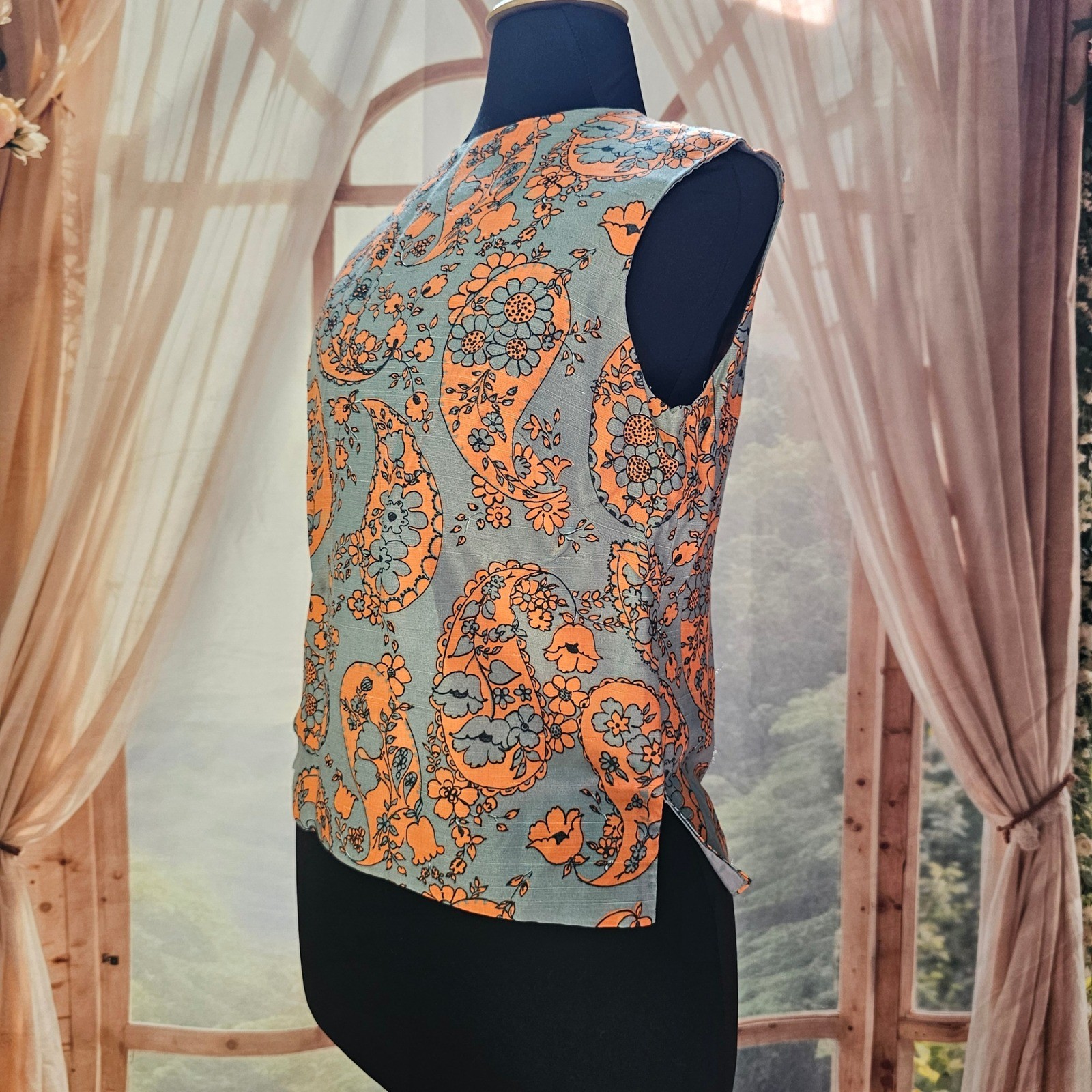 Vintage 1960s Paisley Dress Set Shift Top Blouse Fringed Shawl Grey Orange Mod