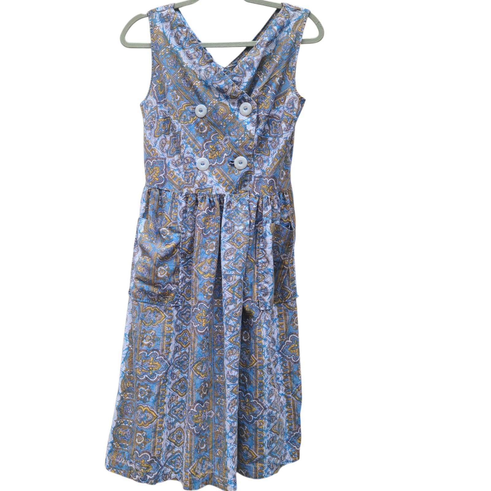 Vintage 1950s 50s Dress Paisley Cotton Summer Sleeveless 1960s 60s Pockets Day