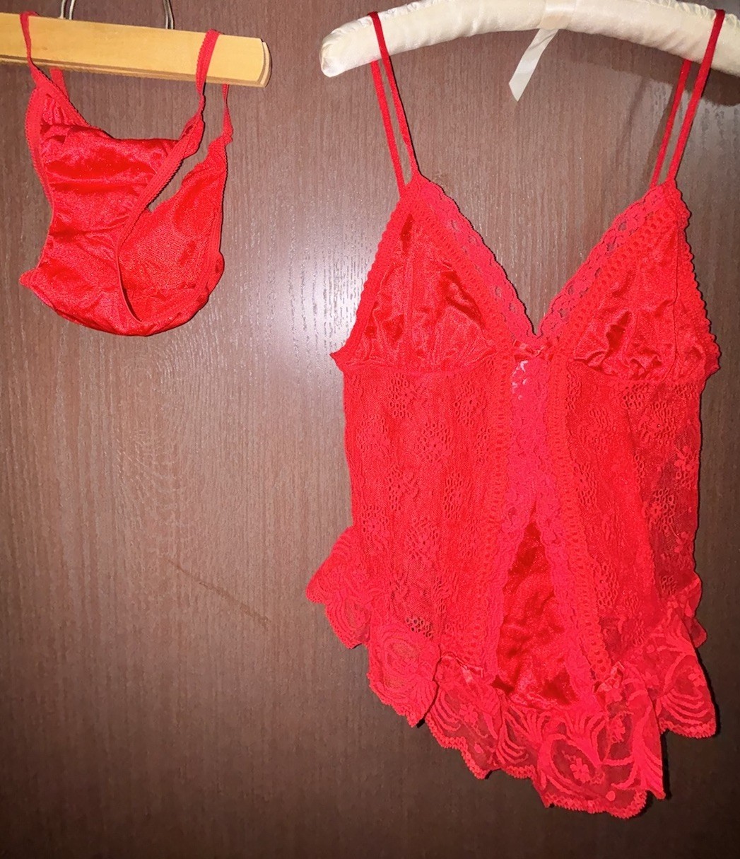 Vtg 80’s Red Nylon Babydoll Nighty & Panties Lingerie Set Medium