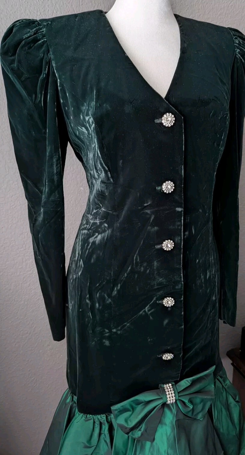Vtg 80s En Francais Huey Waltzer Emerald Velvet Taffeta Dress Rhinestone Peplum