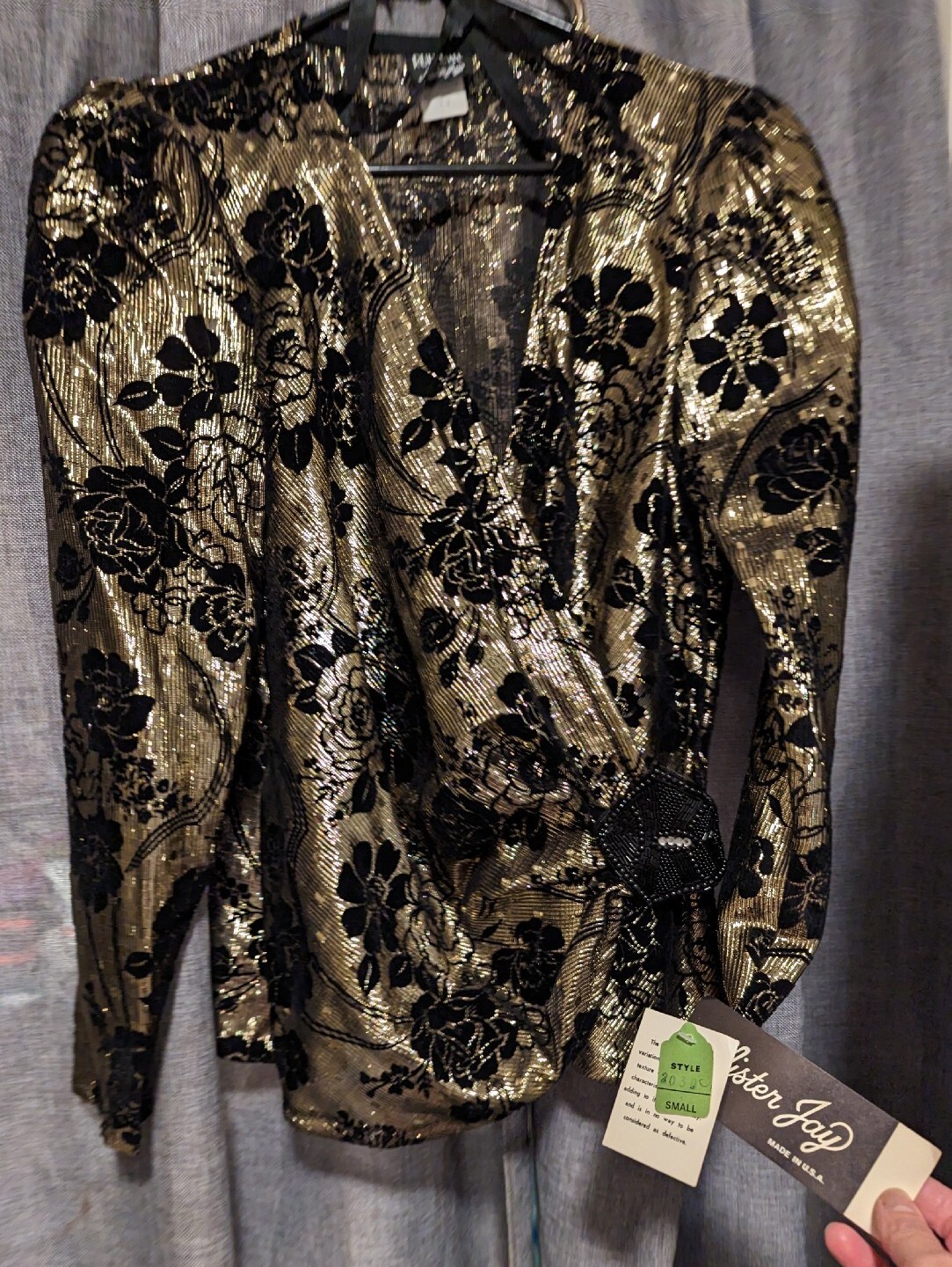 Vintage 80s Disco Gold Black Velvet Puff Sleeve Top Mister Jay Size S with TAGS