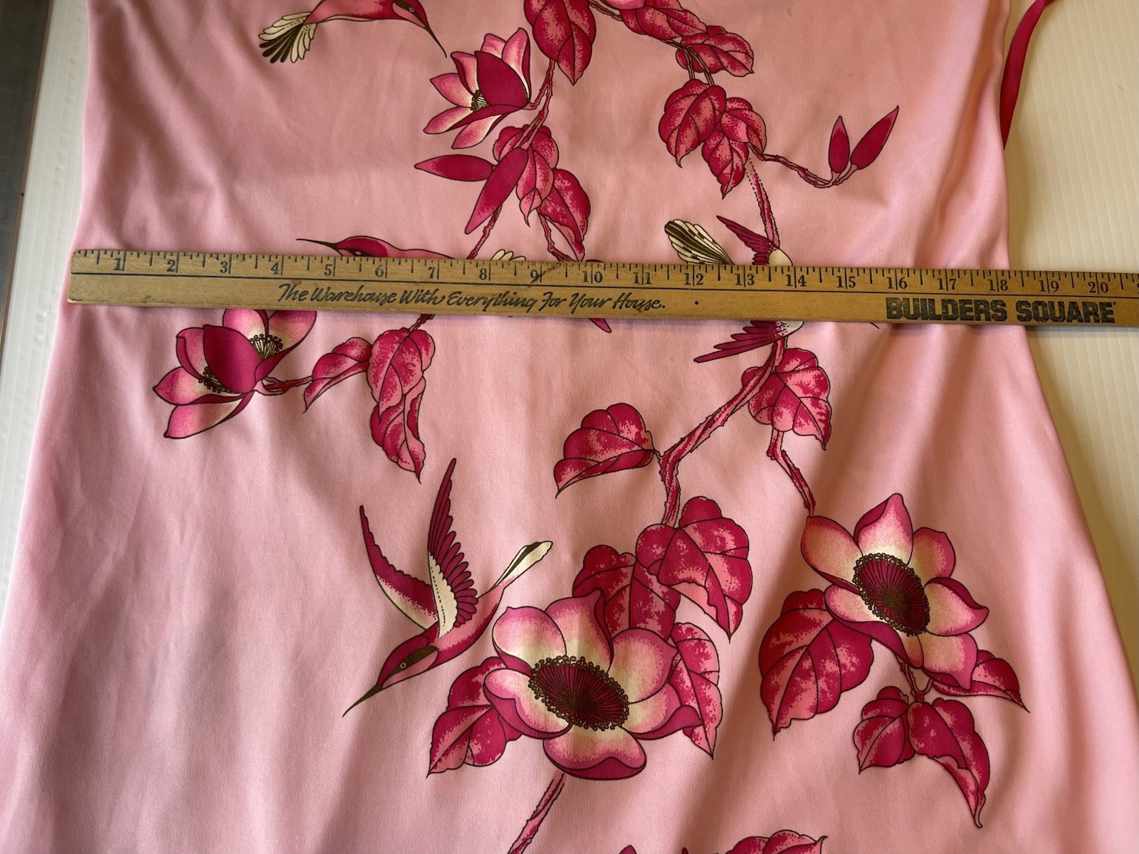 VTG Miss Shaheen Hawaiian 70s Pink Floral Hummingbird Sheath Belted Dress
