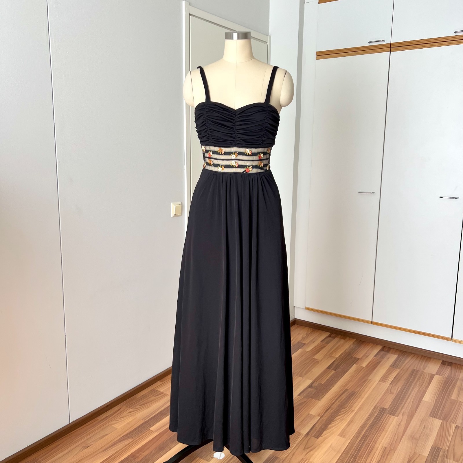 1970s Black Maxi Dress Embroidered Sheer Waist Floor Length Cocktail Party EU 40