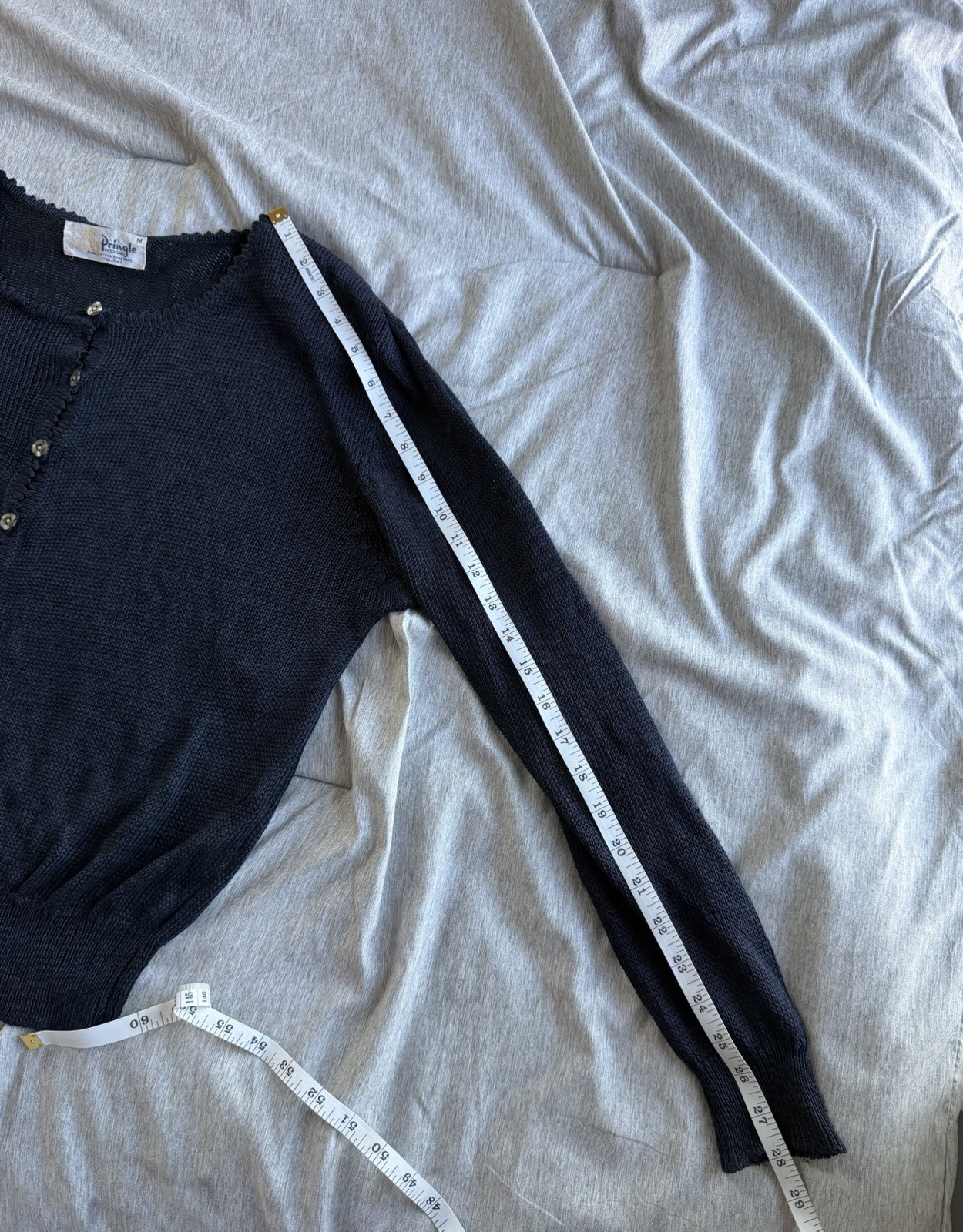Pringle of Scotland 100% Linen Navy Sweater Cardigan M Open Knit Preppy Vintage