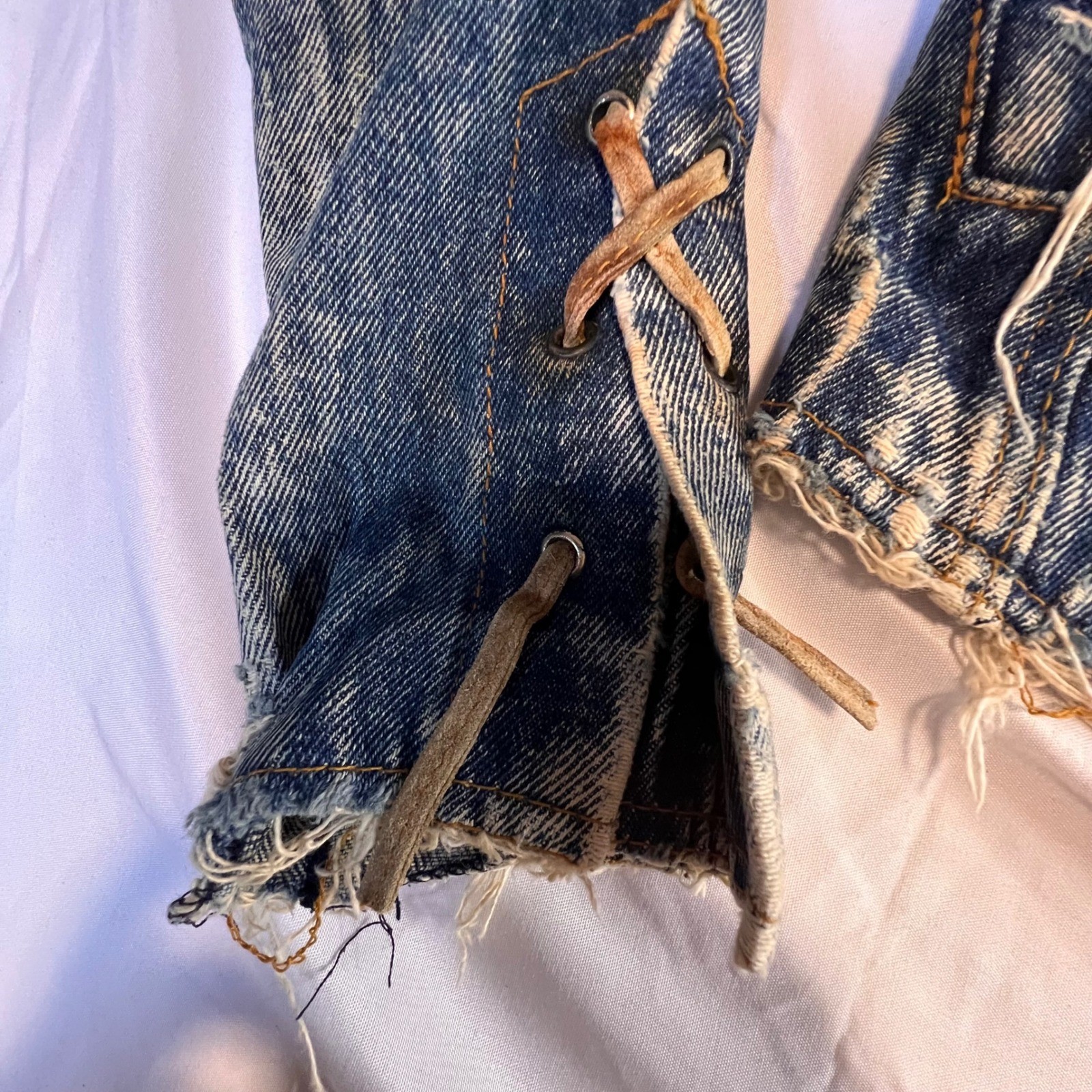 Learsi S Acid Wash Denim Jean Jacket Blue Fringe LaceUp Western 80s Retro Grunge