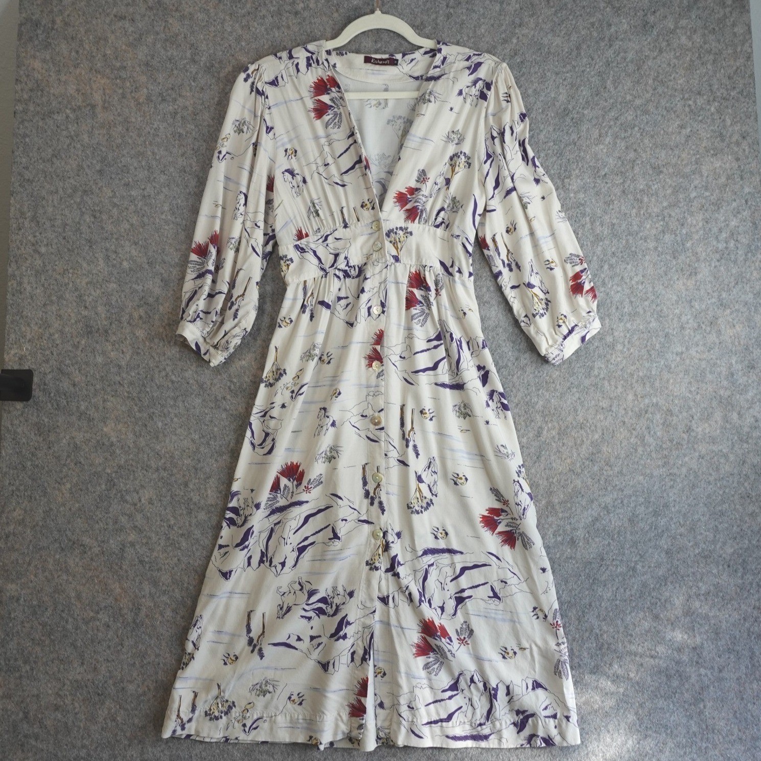 Vintage 90s Scenic Horse Print Dress 38 White Button Up Midi Equestrian Cottage