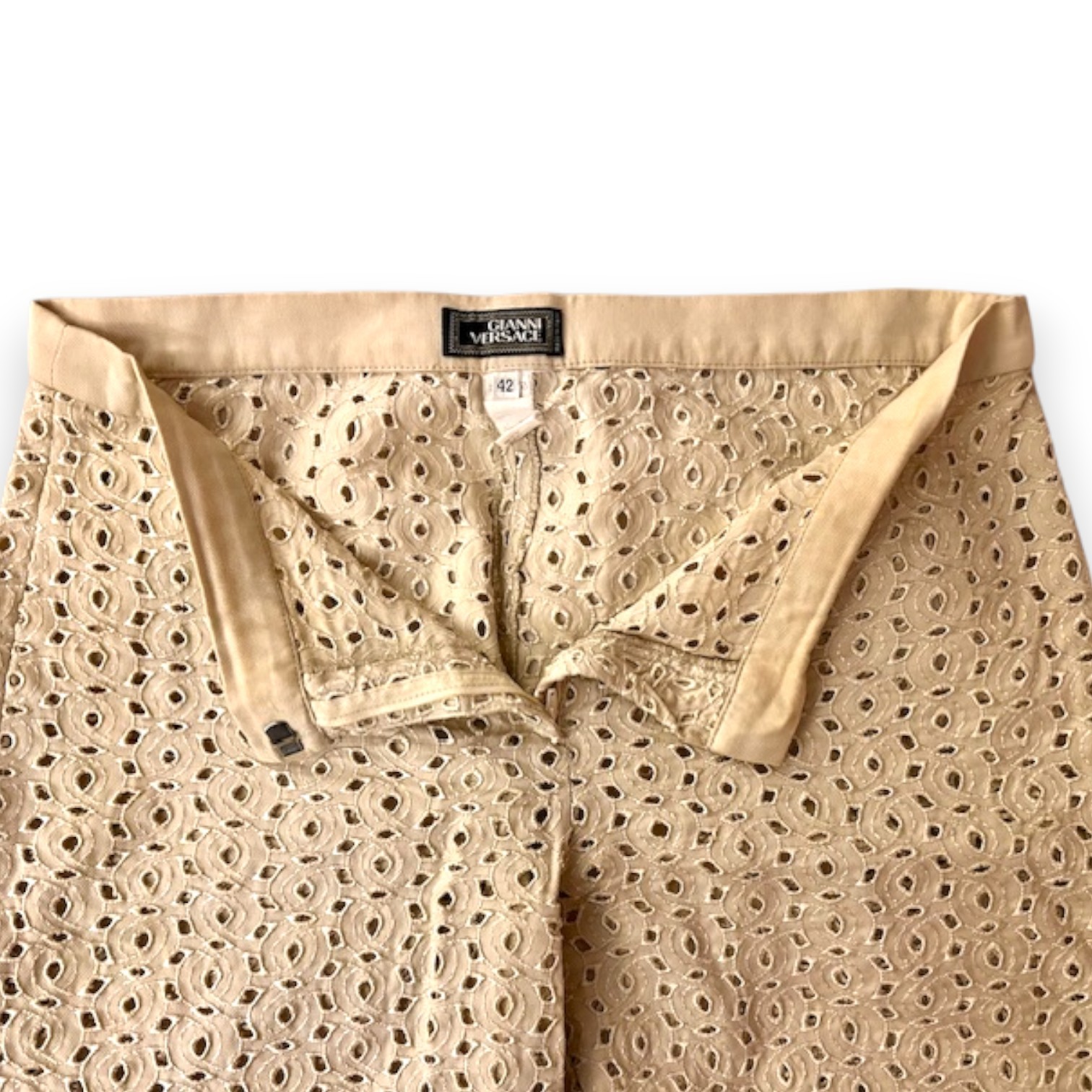 Gianni Versace Vintage Couture Ecru Unlined Lace Eyelet Pants Made in Italy Rare